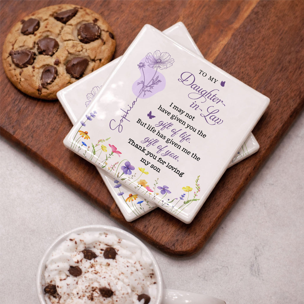 Personalized Ceramic Coaster Custom Name Gift for Daughter-in-Law Square Ceramic Coaster GradoCreations