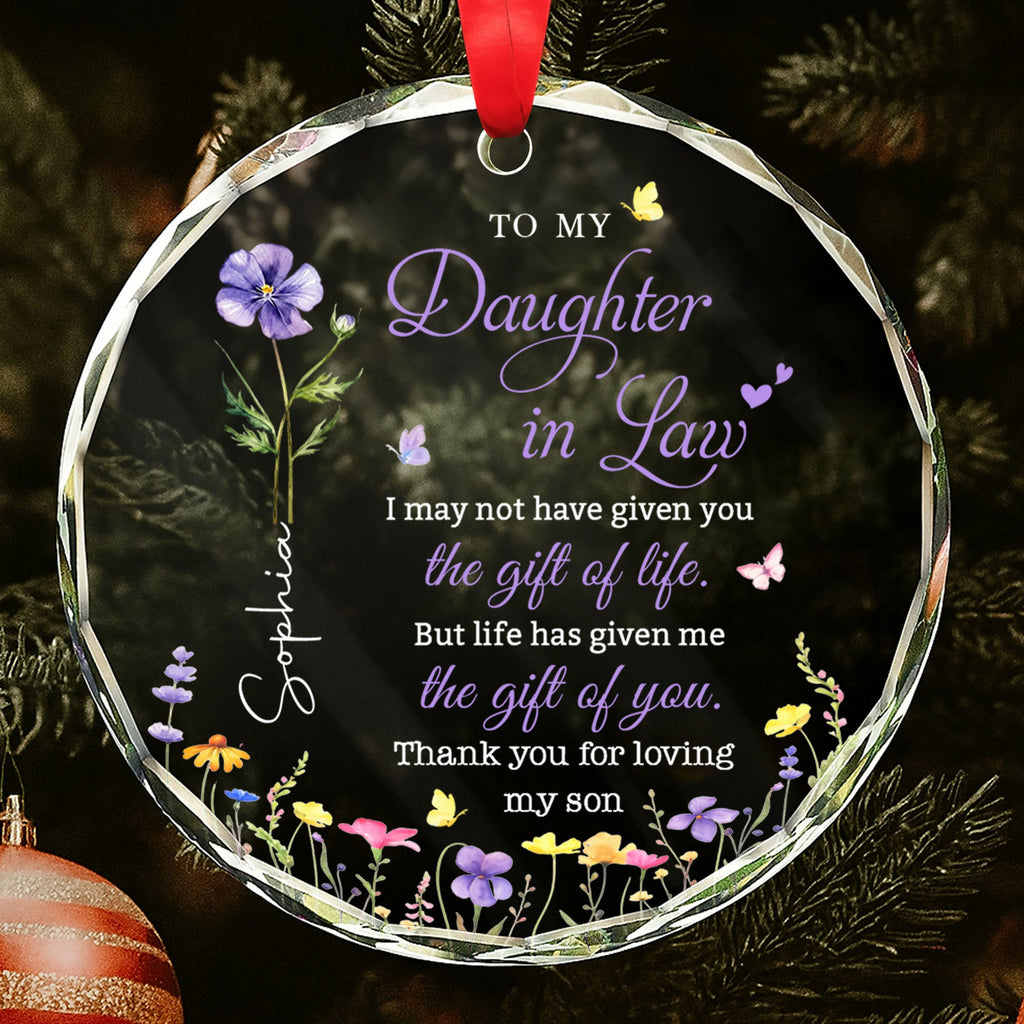 Personalized Birth Month Flower Glass Ornament for Daughter-in-Law Gift Glass Circle Ornament GradoCreations
