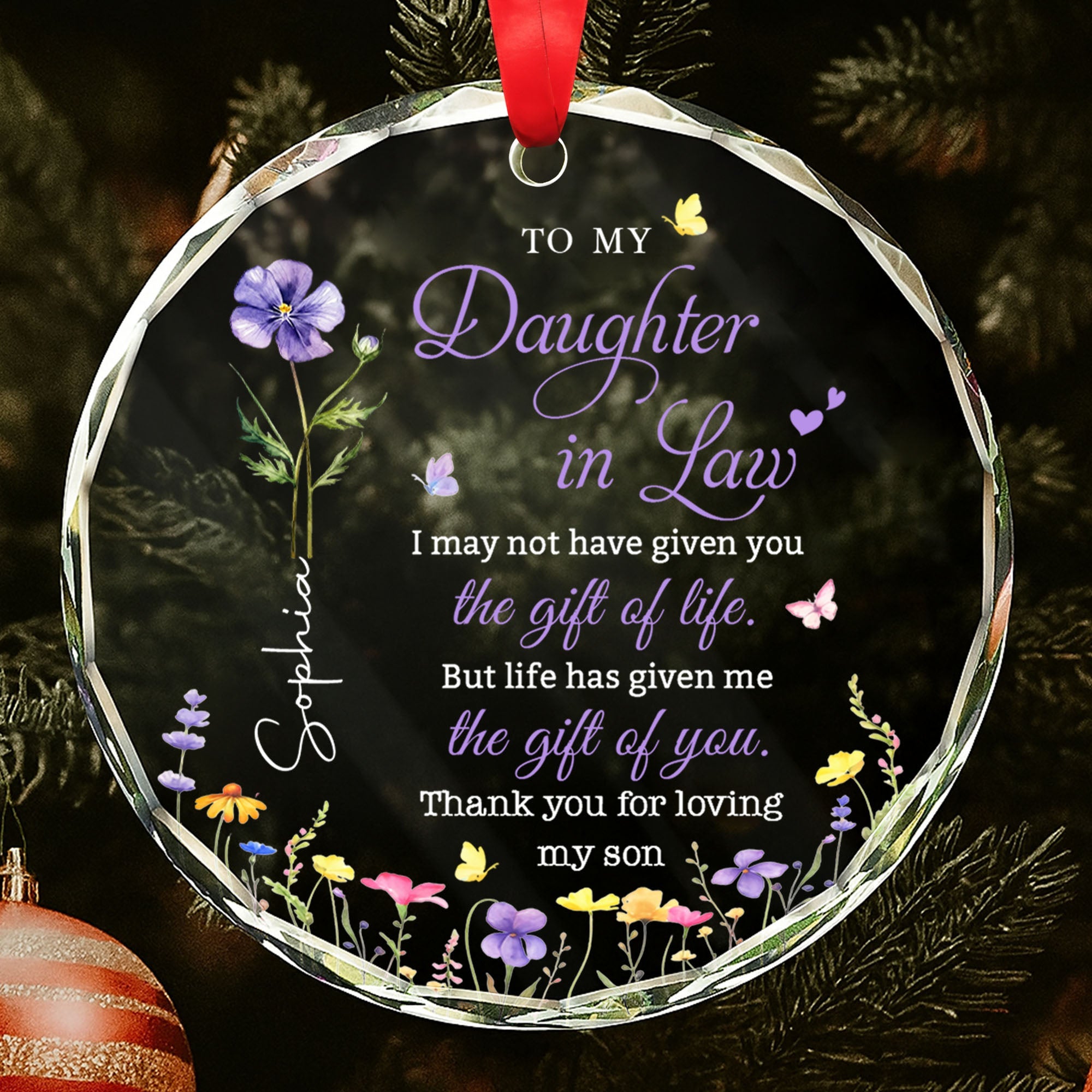 Personalized Birth Month Flower Glass Ornament for Daughter-in-Law Gift Glass Circle Ornament GradoCreations