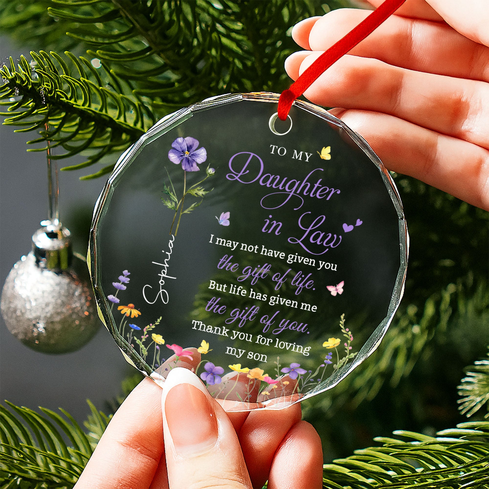 Personalized Birth Month Flower Glass Ornament for Daughter-in-Law Gift Glass Circle Ornament GradoCreations