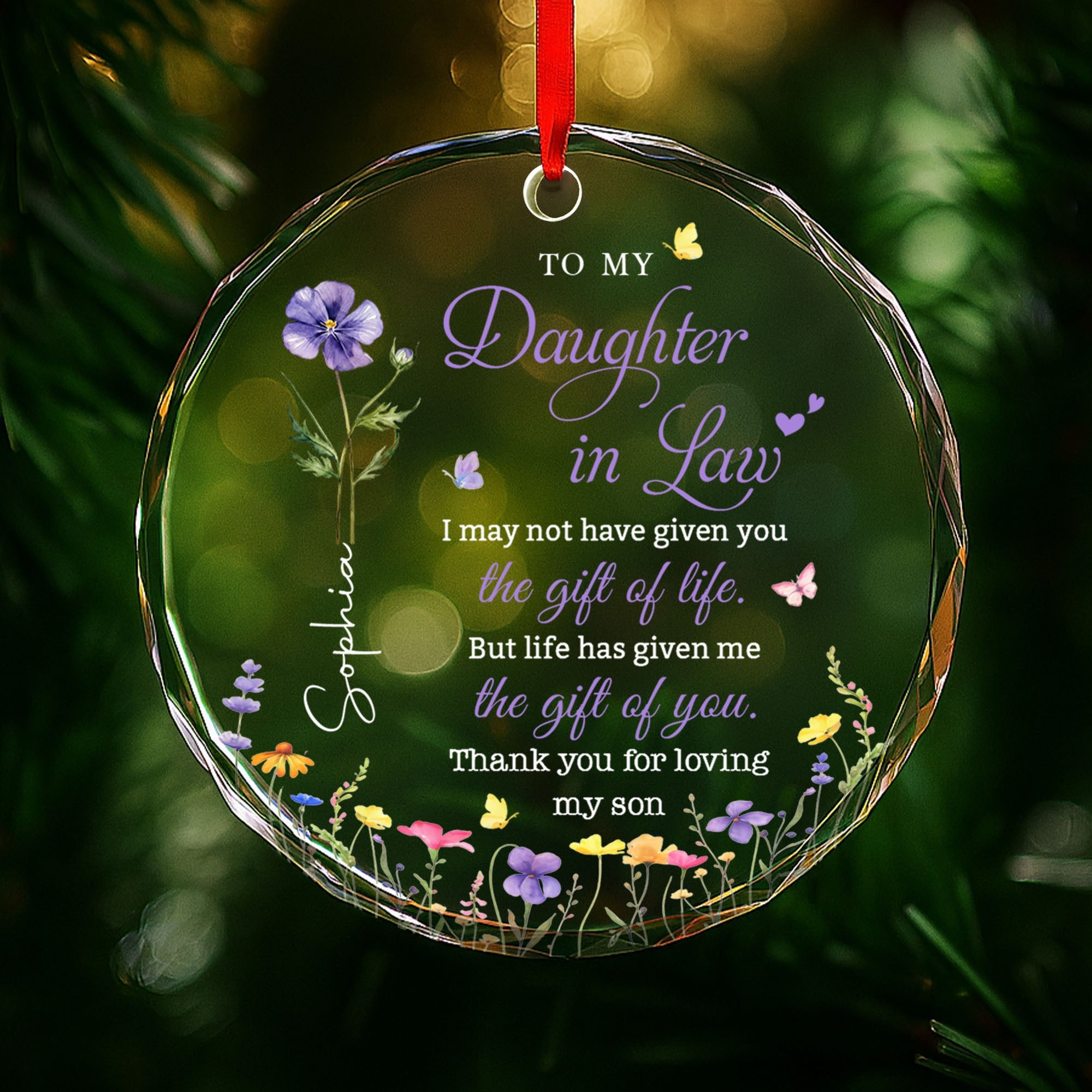 Personalized Birth Month Flower Glass Ornament for Daughter-in-Law Gift Glass Circle Ornament GradoCreations
