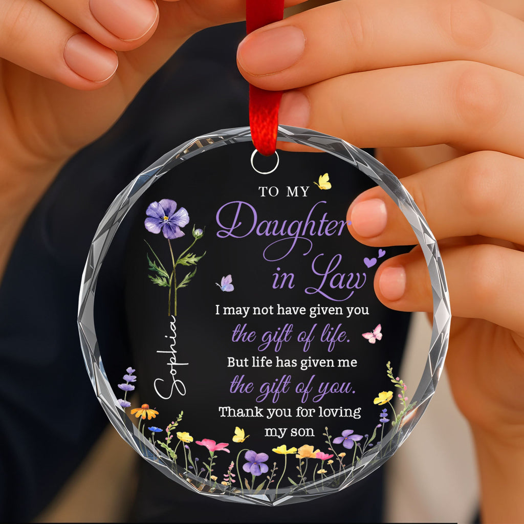 Personalized Birth Month Flower Glass Ornament for Daughter-in-Law Gift Glass Circle Ornament GradoCreations