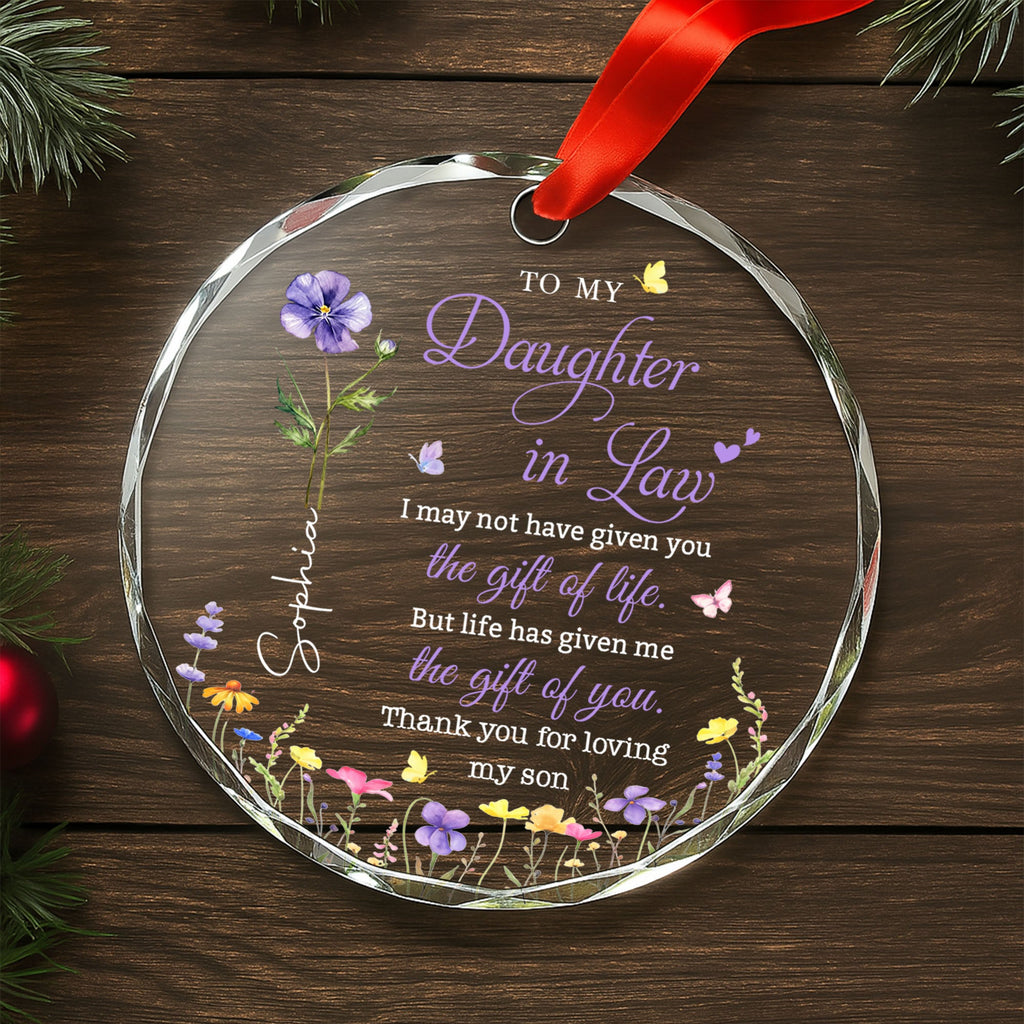 Personalized Birth Month Flower Glass Ornament for Daughter-in-Law Gift Glass Circle Ornament GradoCreations