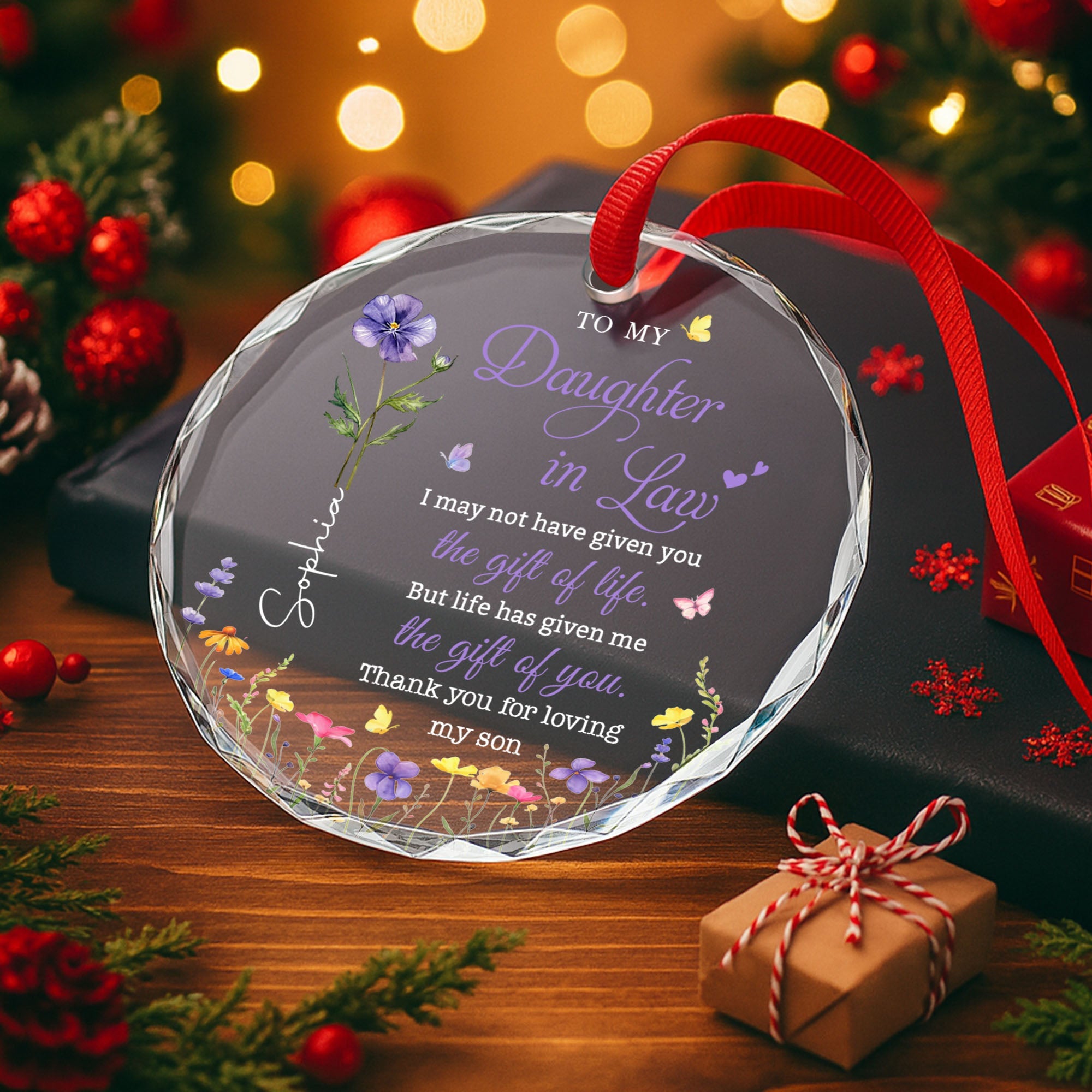 Personalized Birth Month Flower Glass Ornament for Daughter-in-Law Gift Glass Circle Ornament GradoCreations