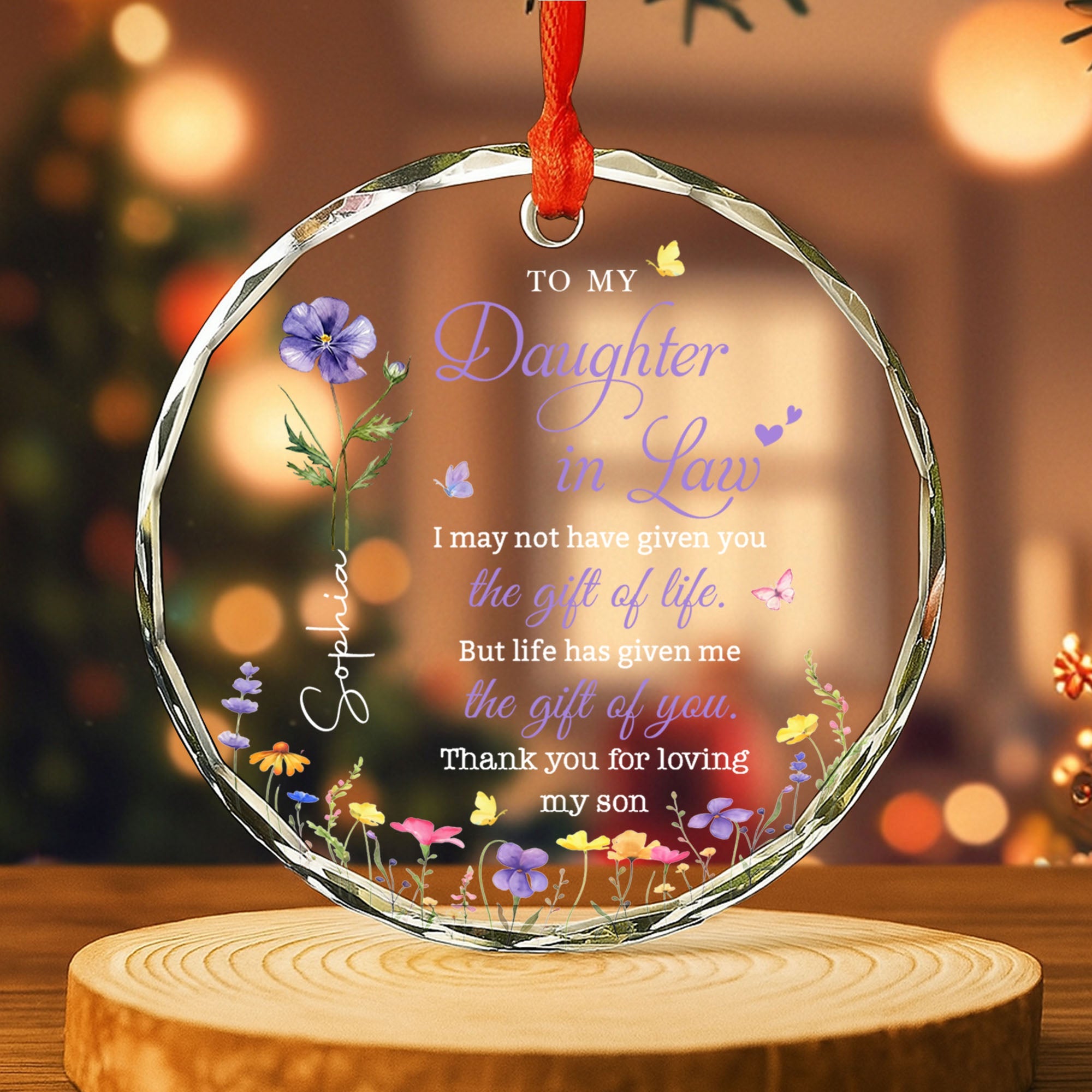 Personalized Birth Month Flower Glass Ornament for Daughter-in-Law Gift Glass Circle Ornament GradoCreations