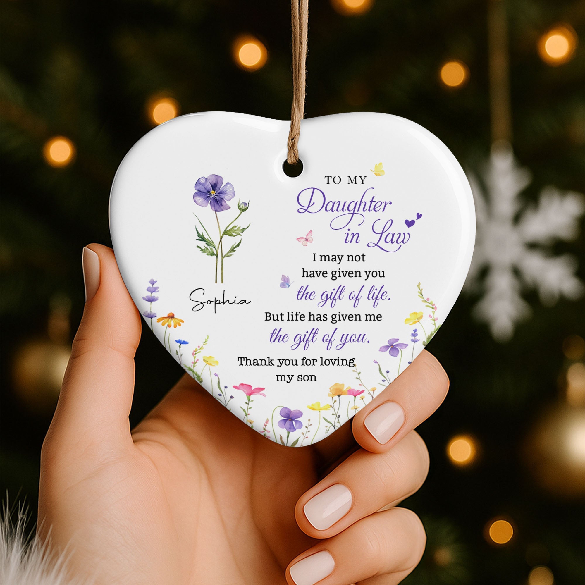 Personalized Heart-Shaped Ceramic Ornament Custom Birth Month Flowers Gift for Daughter-in-Law Ceramic Ornament GradoCreations
