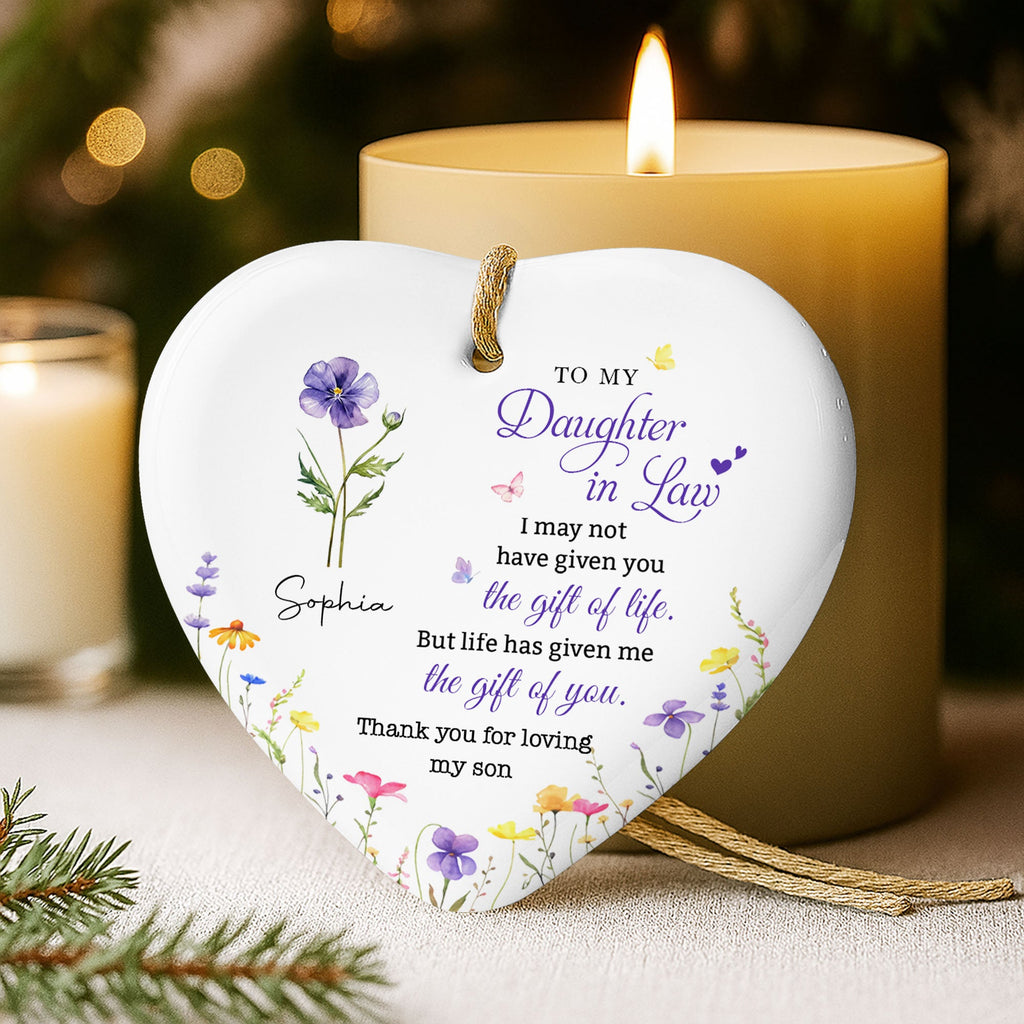 Personalized Heart-Shaped Ceramic Ornament Custom Birth Month Flowers Gift for Daughter-in-Law Ceramic Ornament GradoCreations