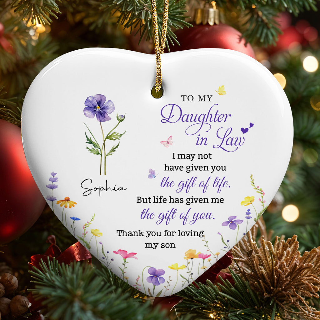 Personalized Heart-Shaped Ceramic Ornament Custom Birth Month Flowers Gift for Daughter-in-Law Ceramic Ornament GradoCreations