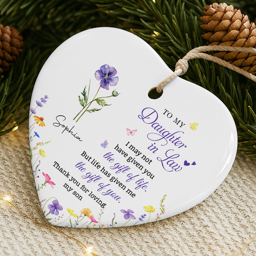 Personalized Heart-Shaped Ceramic Ornament Custom Birth Month Flowers Gift for Daughter-in-Law Ceramic Ornament GradoCreations