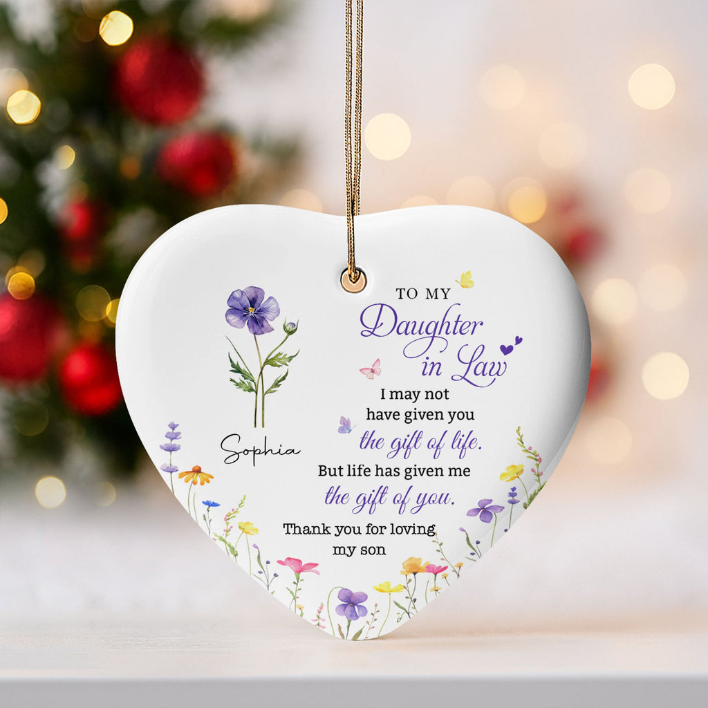 Personalized Heart-Shaped Ceramic Ornament Custom Birth Month Flowers Gift for Daughter-in-Law Ceramic Ornament GradoCreations