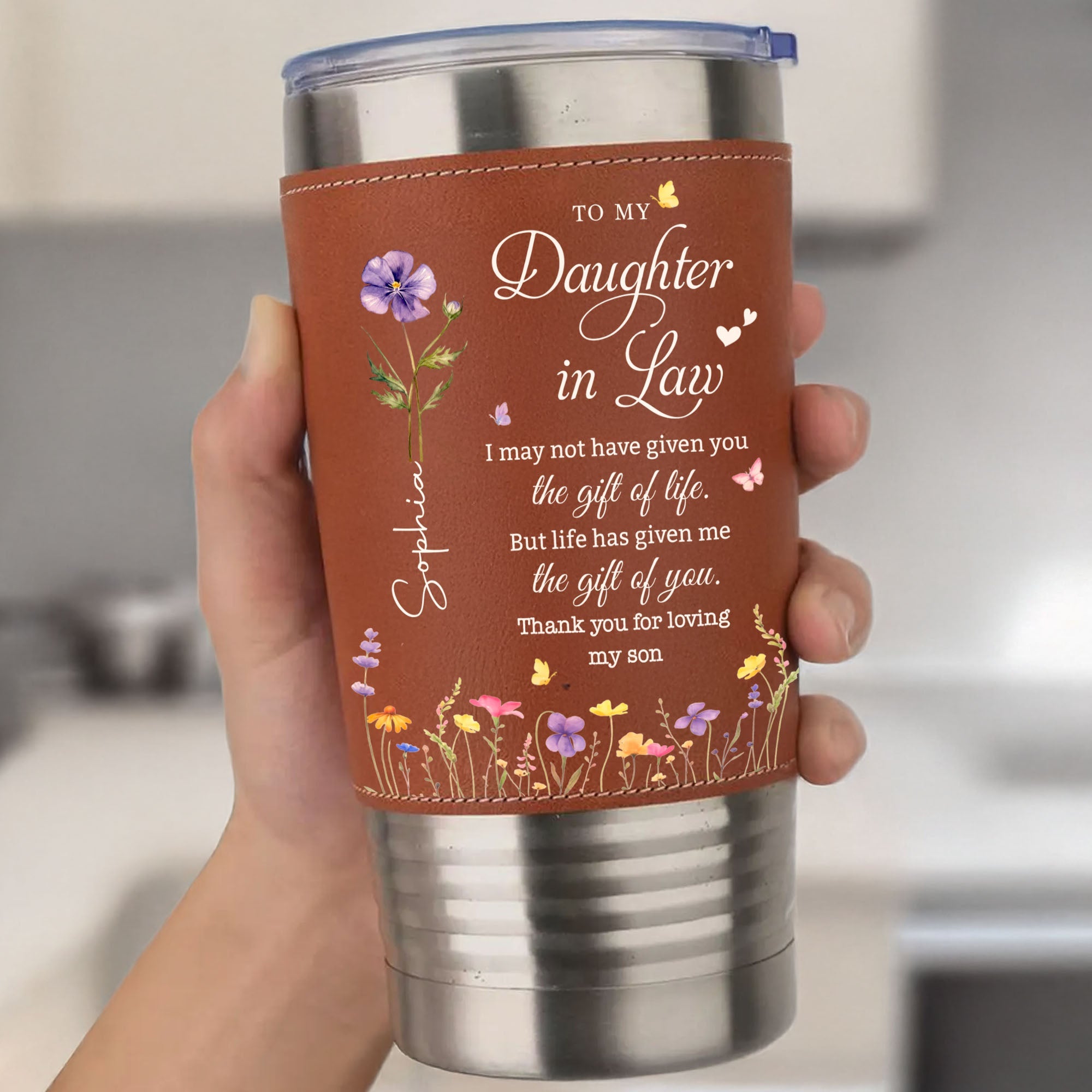 Personalized Leather Tumbler Custom Name Gift for Daughter-In-Law Leather Tumbler GradoCreations