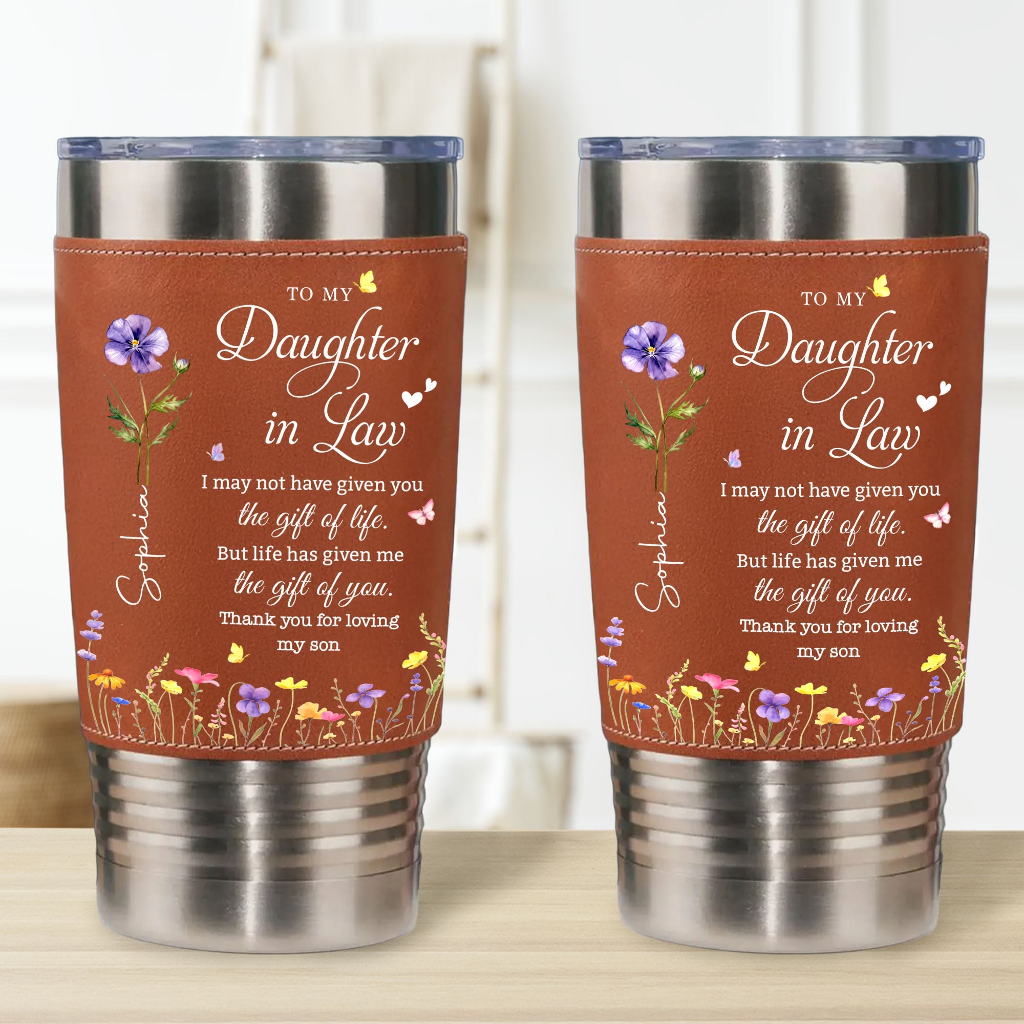 Personalized Leather Tumbler Custom Name Gift for Daughter-In-Law Leather Tumbler GradoCreations
