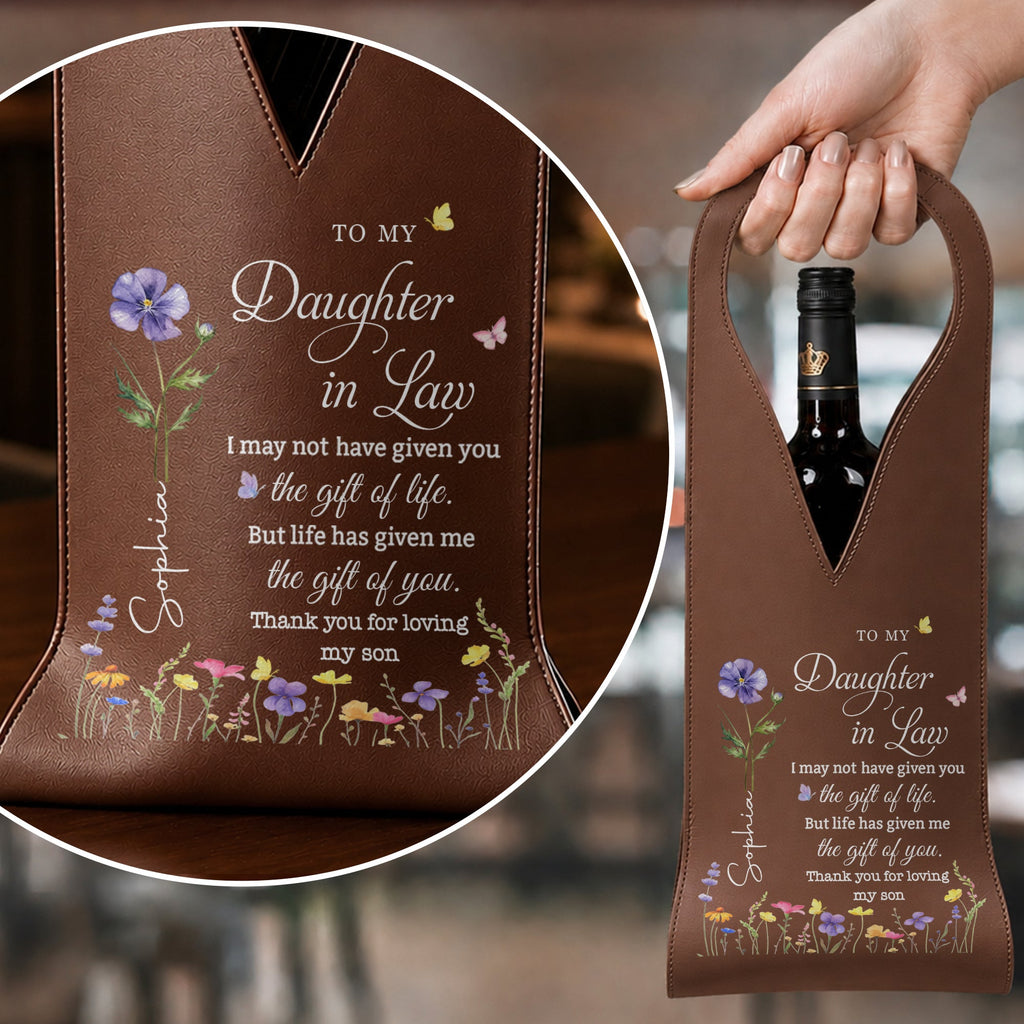Personalized Leather Wine Bag Custom Birth Month Flowers Gift for Daughter-in-Law Leather Wine Bag GradoCreations
