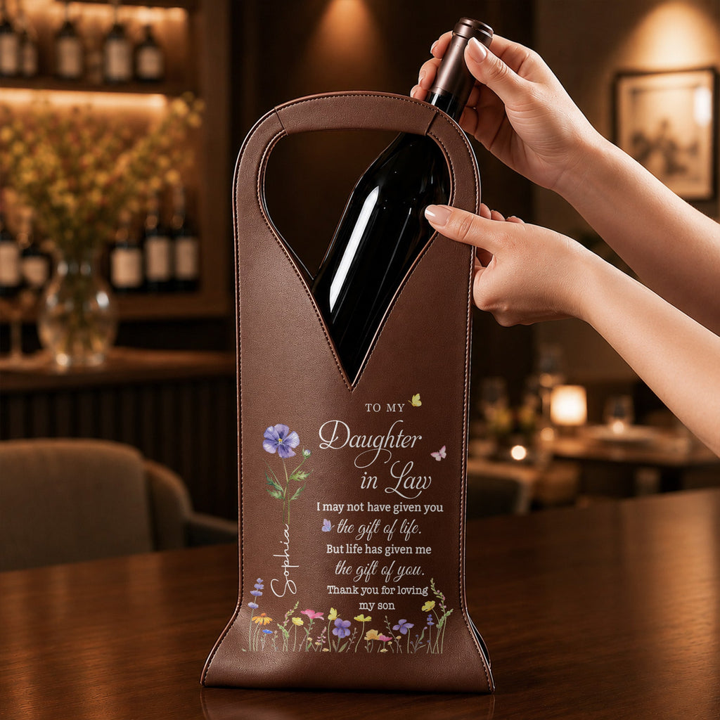 Personalized Leather Wine Bag Custom Birth Month Flowers Gift for Daughter-in-Law Leather Wine Bag GradoCreations