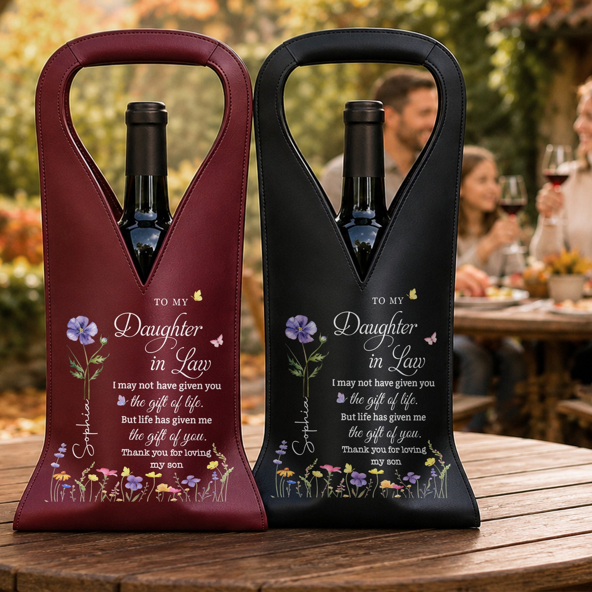 Personalized Leather Wine Bag Custom Birth Month Flowers Gift for Daughter-in-Law Leather Wine Bag GradoCreations