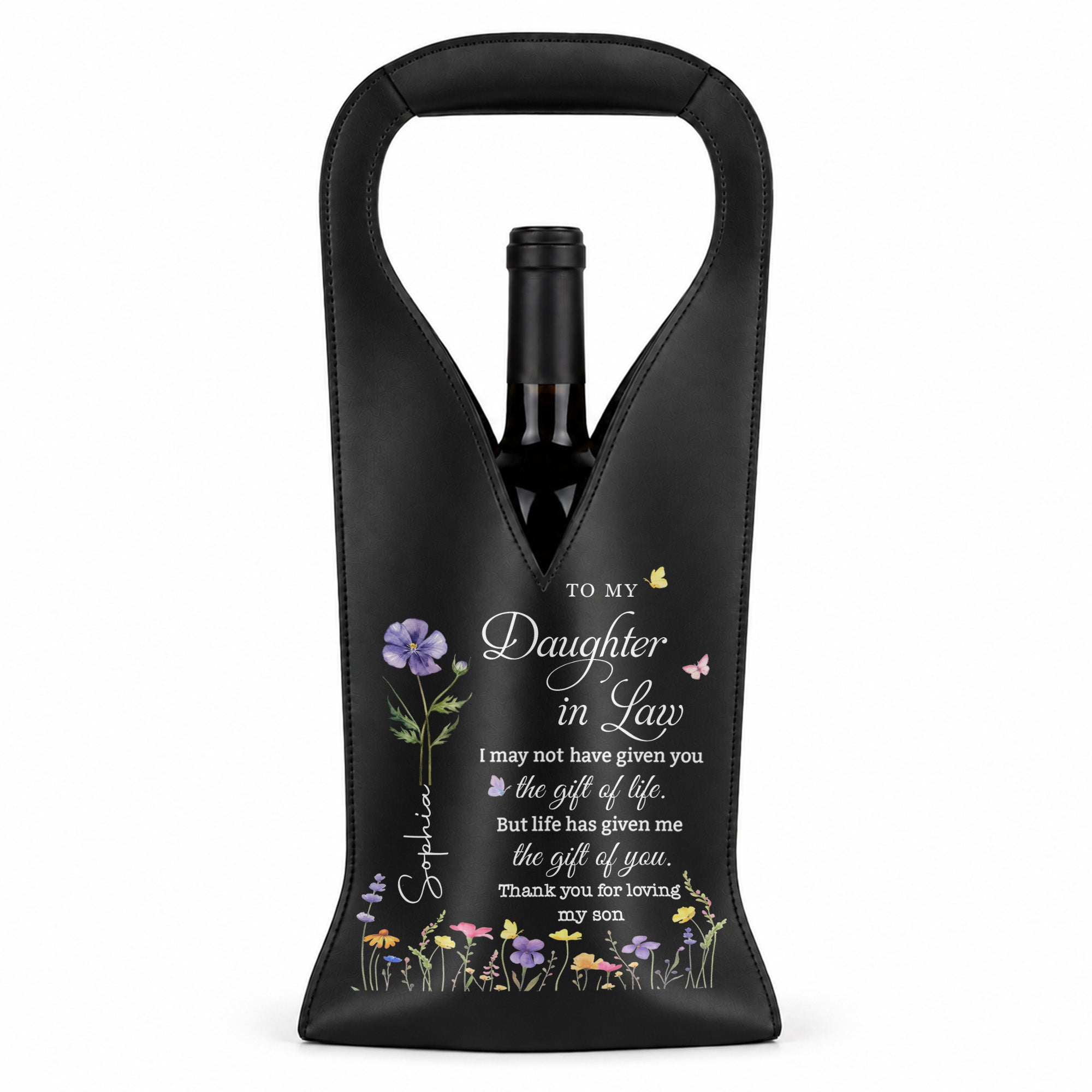 Personalized Leather Wine Bag Custom Birth Month Flowers Gift for Daughter-in-Law Leather Wine Bag GradoCreations