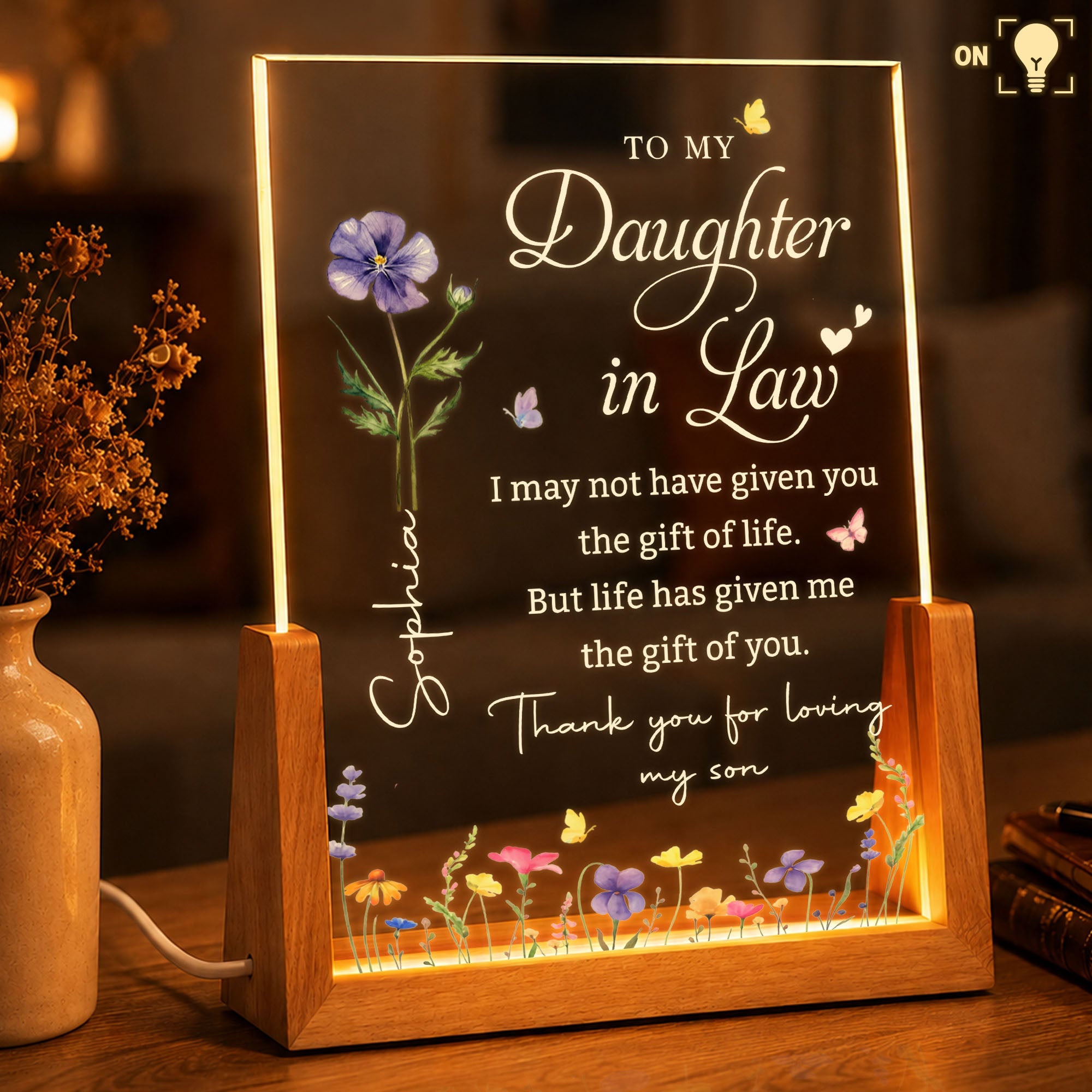 Personalized Acrylic Night Light Custom Birth Month Flowers Gift for Daughter-in-Law Wood and Acrylic Night Light GradoCreations