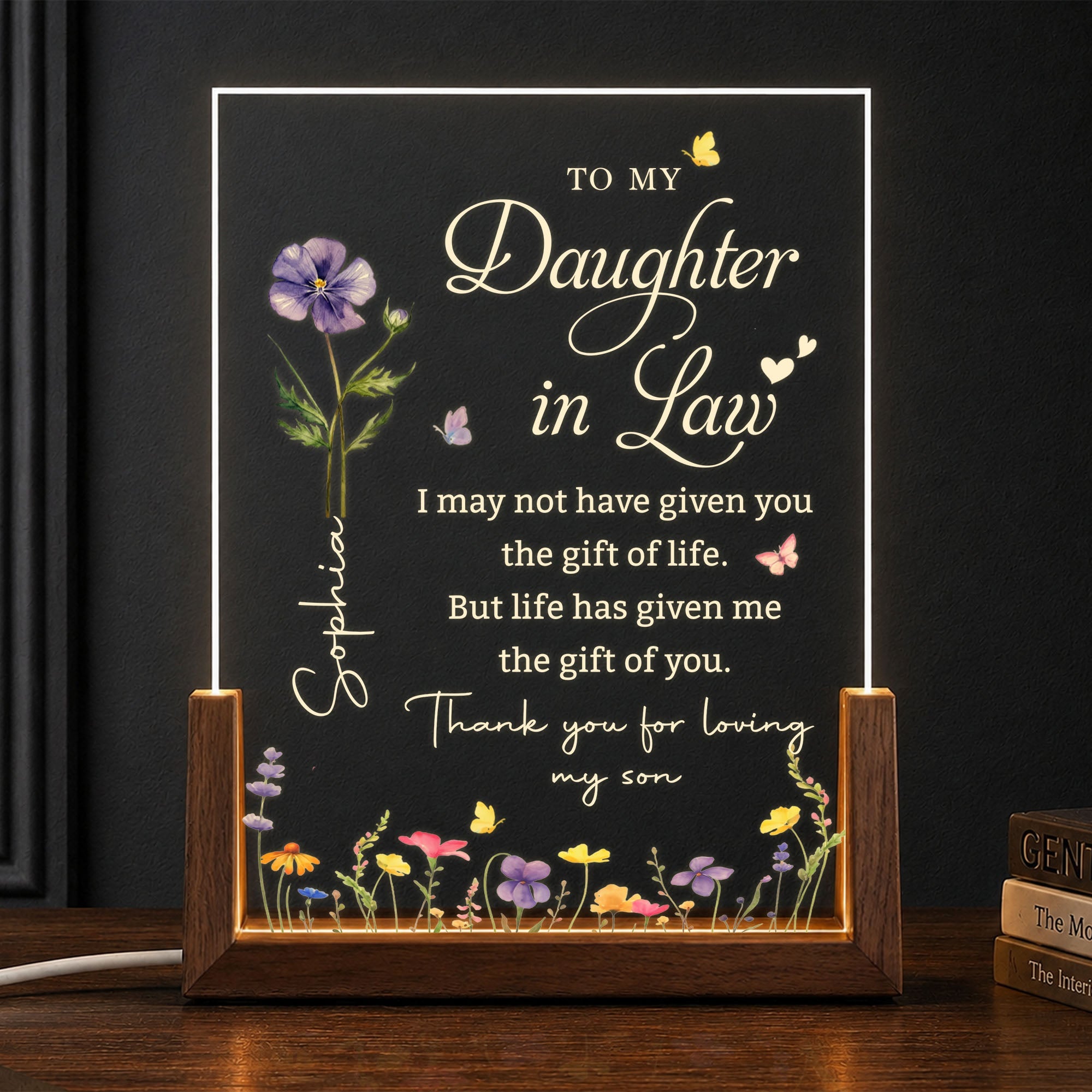 Personalized Acrylic Night Light Custom Birth Month Flowers Gift for Daughter-in-Law Wood and Acrylic Night Light GradoCreations