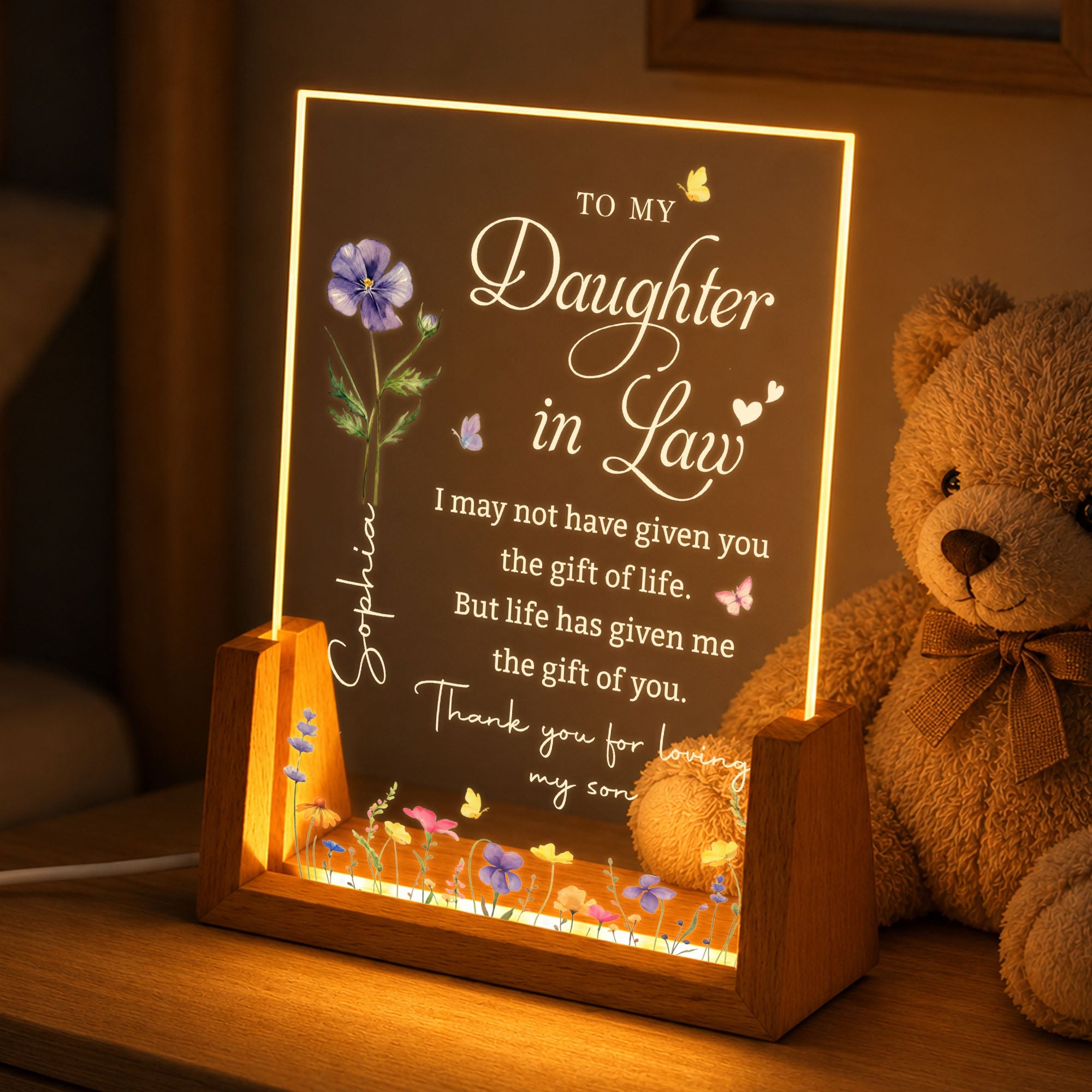Personalized Acrylic Night Light Custom Birth Month Flowers Gift for Daughter-in-Law Wood and Acrylic Night Light GradoCreations