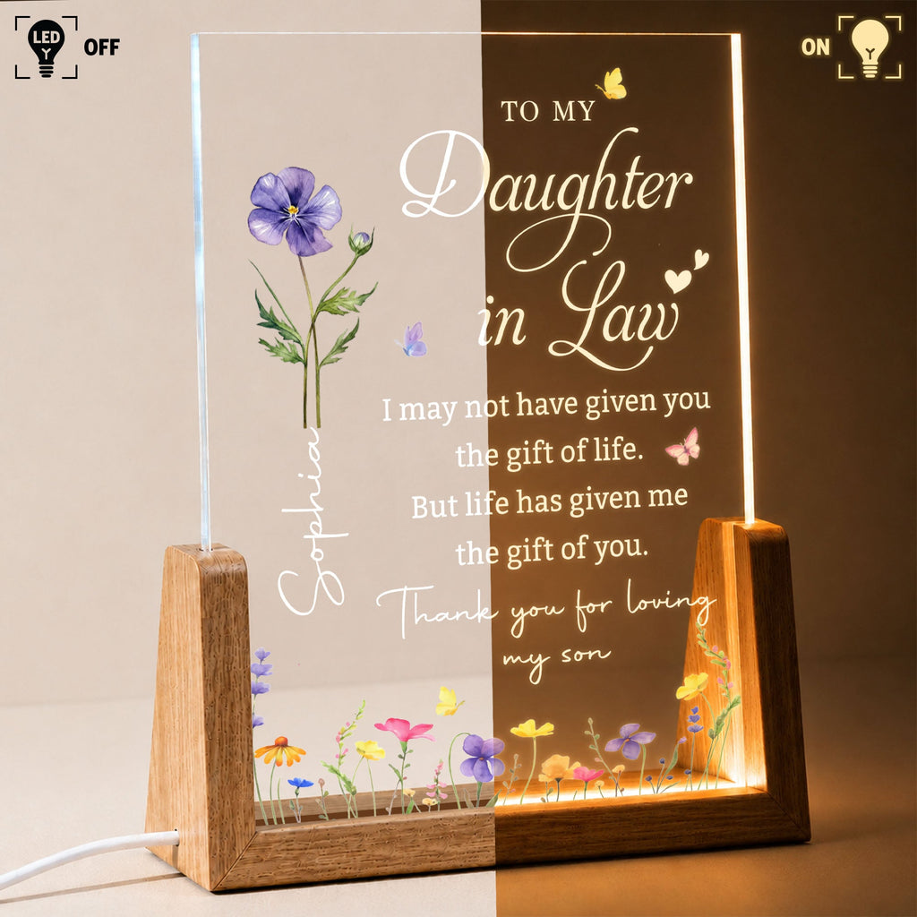 Personalized Acrylic Night Light Custom Birth Month Flowers Gift for Daughter-in-Law Wood and Acrylic Night Light GradoCreations