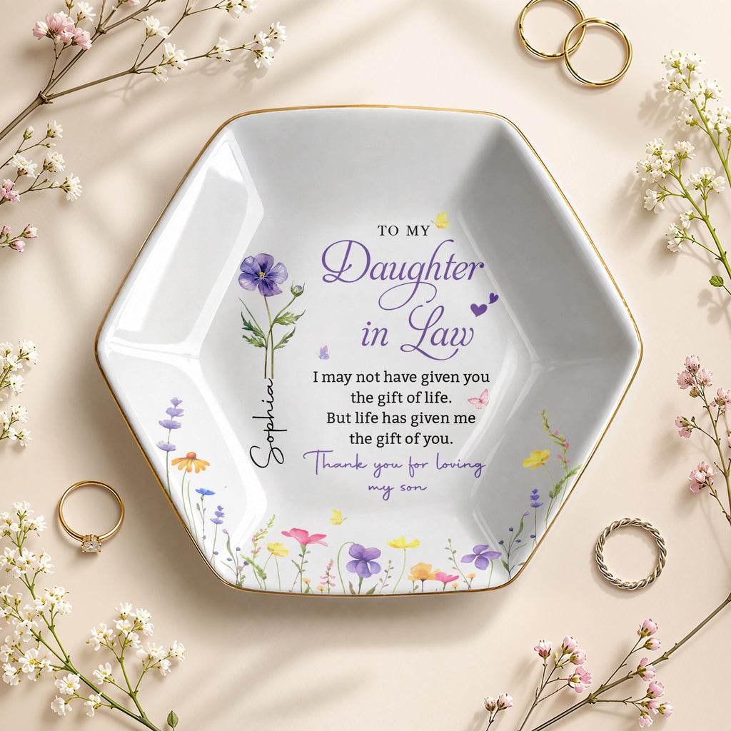 Personalized Hexagonal Ceramic Jewelry Dish Custom Flower Gift for Daughter-in-Law Jewelry Dish GradoCreations