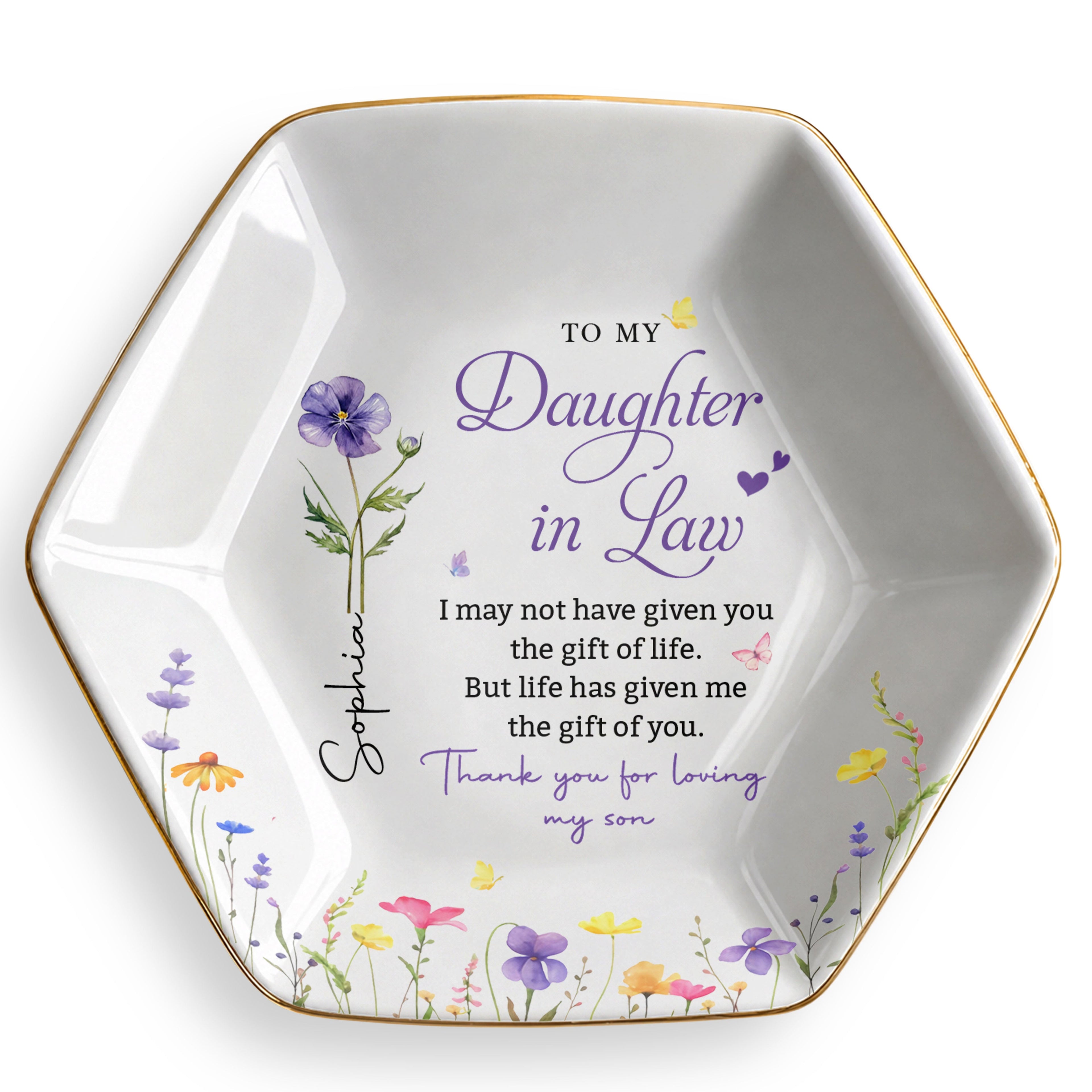 Personalized Hexagonal Ceramic Jewelry Dish Custom Flower Gift for Daughter-in-Law Jewelry Dish GradoCreations