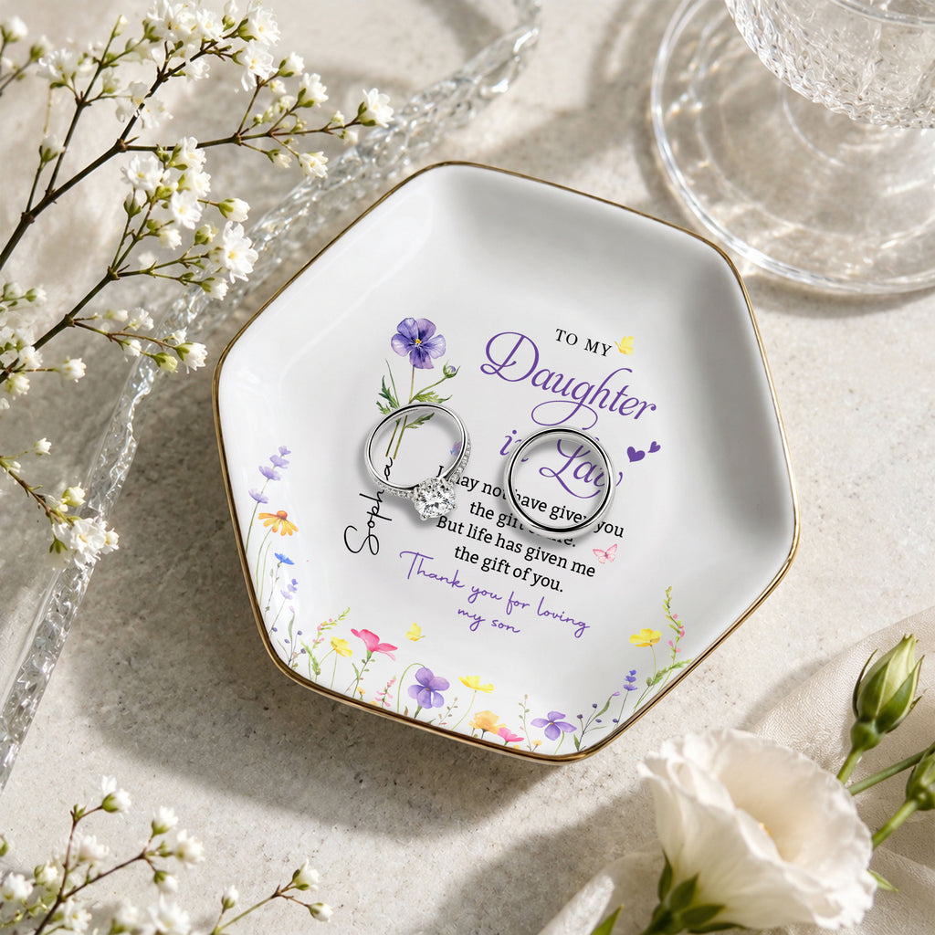 Personalized Hexagonal Ceramic Jewelry Dish Custom Flower Gift for Daughter-in-Law Jewelry Dish GradoCreations