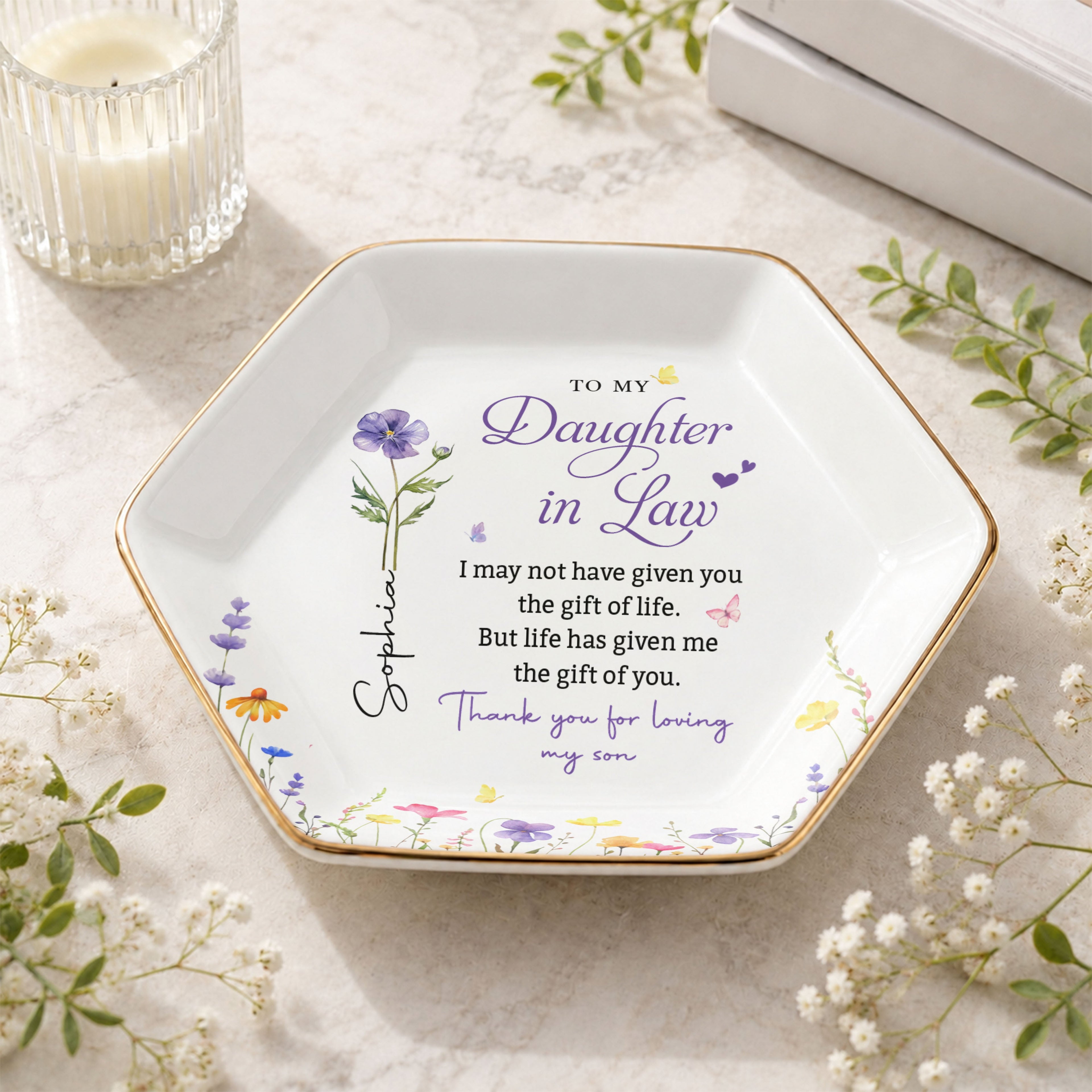 Personalized Hexagonal Ceramic Jewelry Dish Custom Flower Gift for Daughter-in-Law Jewelry Dish GradoCreations