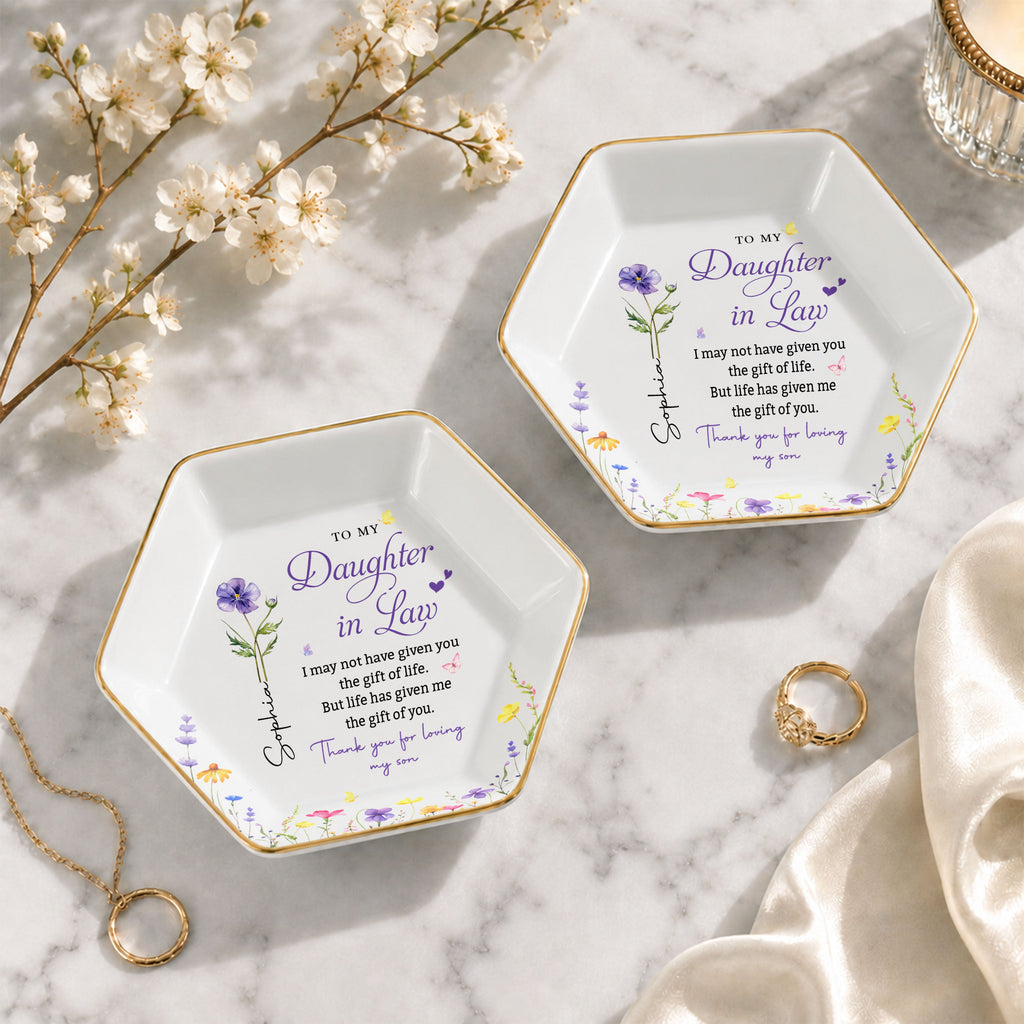 Personalized Hexagonal Ceramic Jewelry Dish Custom Flower Gift for Daughter-in-Law Jewelry Dish GradoCreations