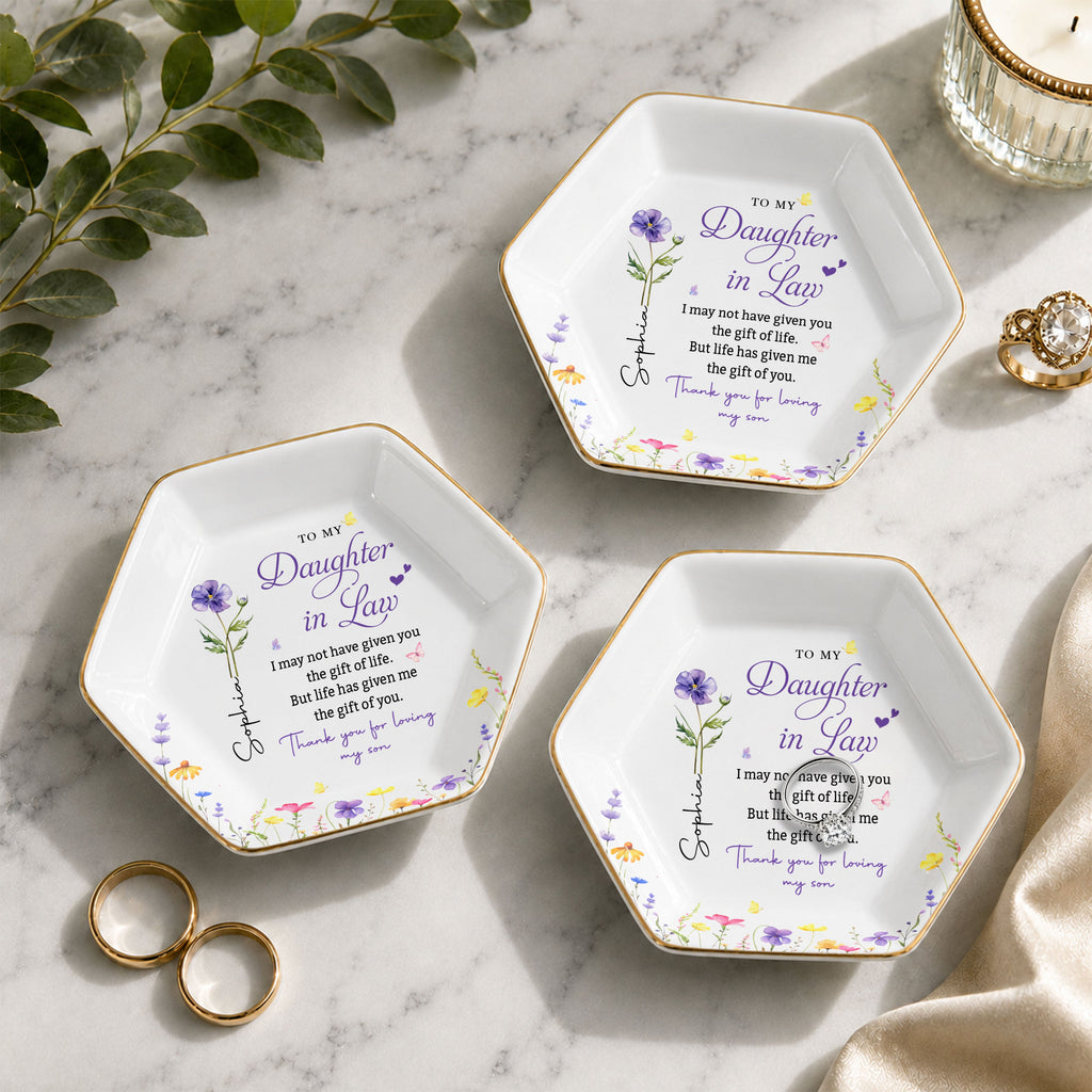 Personalized Hexagonal Ceramic Jewelry Dish Custom Flower Gift for Daughter-in-Law Jewelry Dish GradoCreations