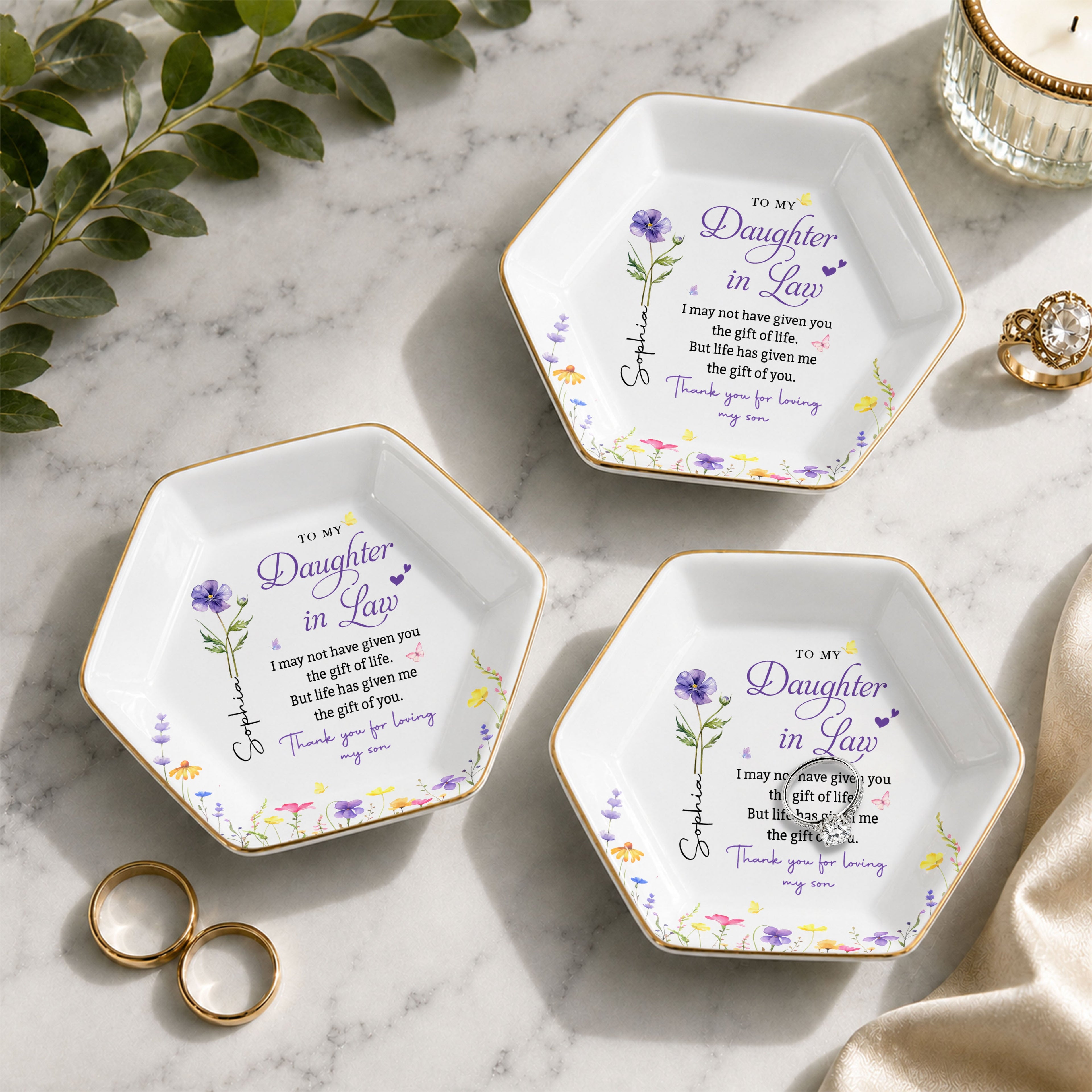 Personalized Hexagonal Ceramic Jewelry Dish Custom Flower Gift for Daughter-in-Law Jewelry Dish GradoCreations