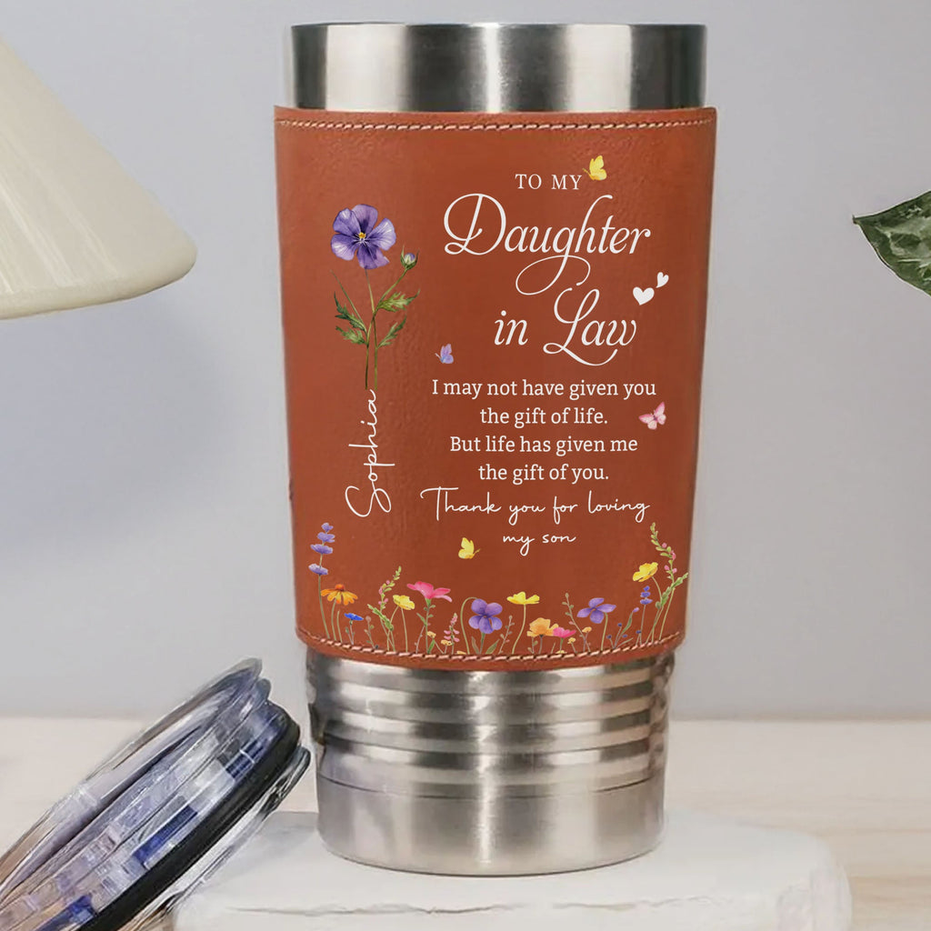 Personalized Leather Tumbler Custom Birth Month Flowers Gift for Daughter-In-Law Leather Tumbler GradoCreations