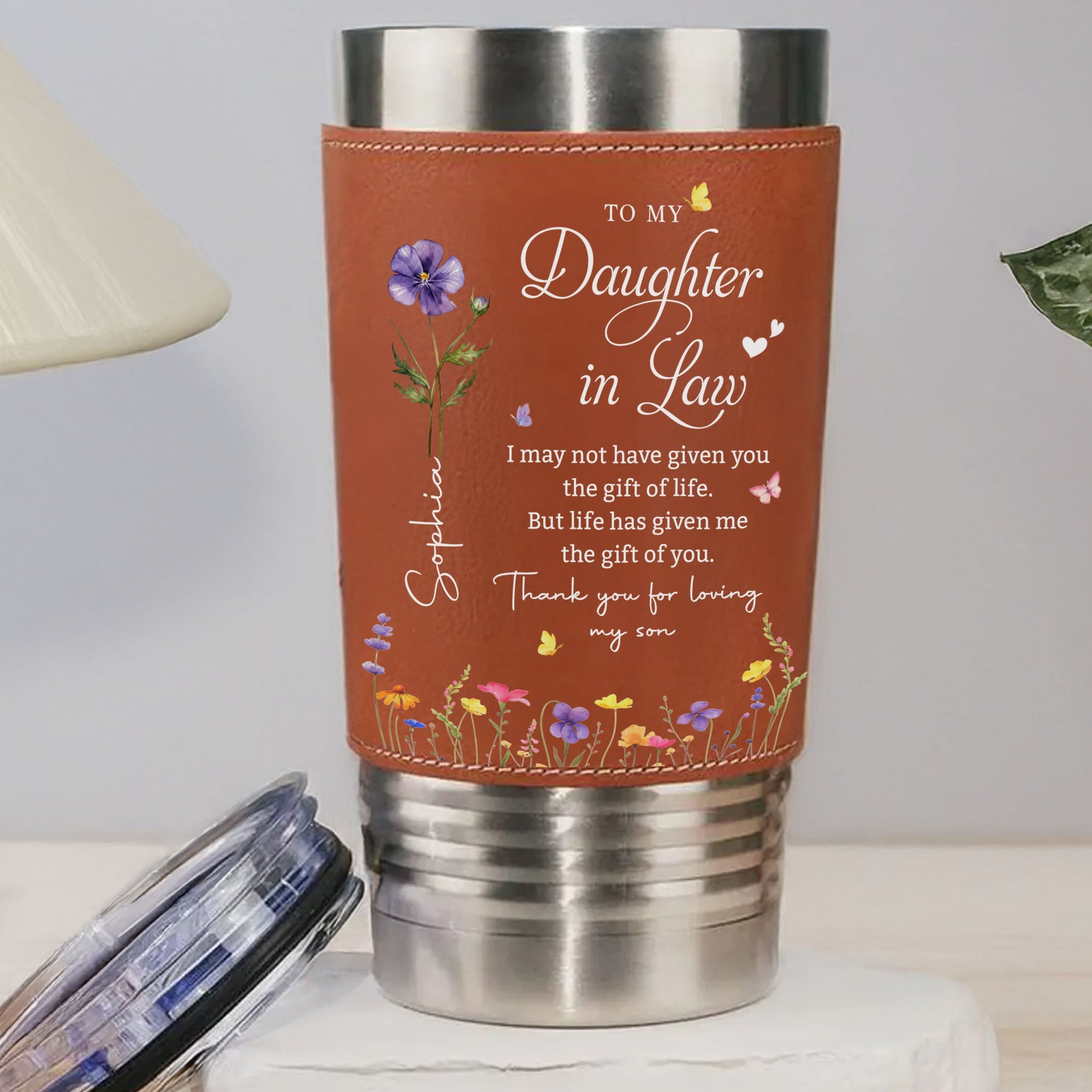Personalized Leather Tumbler Custom Birth Month Flowers Gift for Daughter-In-Law Leather Tumbler GradoCreations
