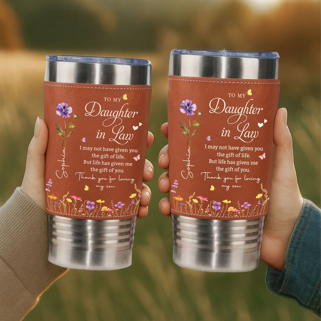 Personalized Leather Tumbler Custom Birth Month Flowers Gift for Daughter-In-Law Leather Tumbler GradoCreations