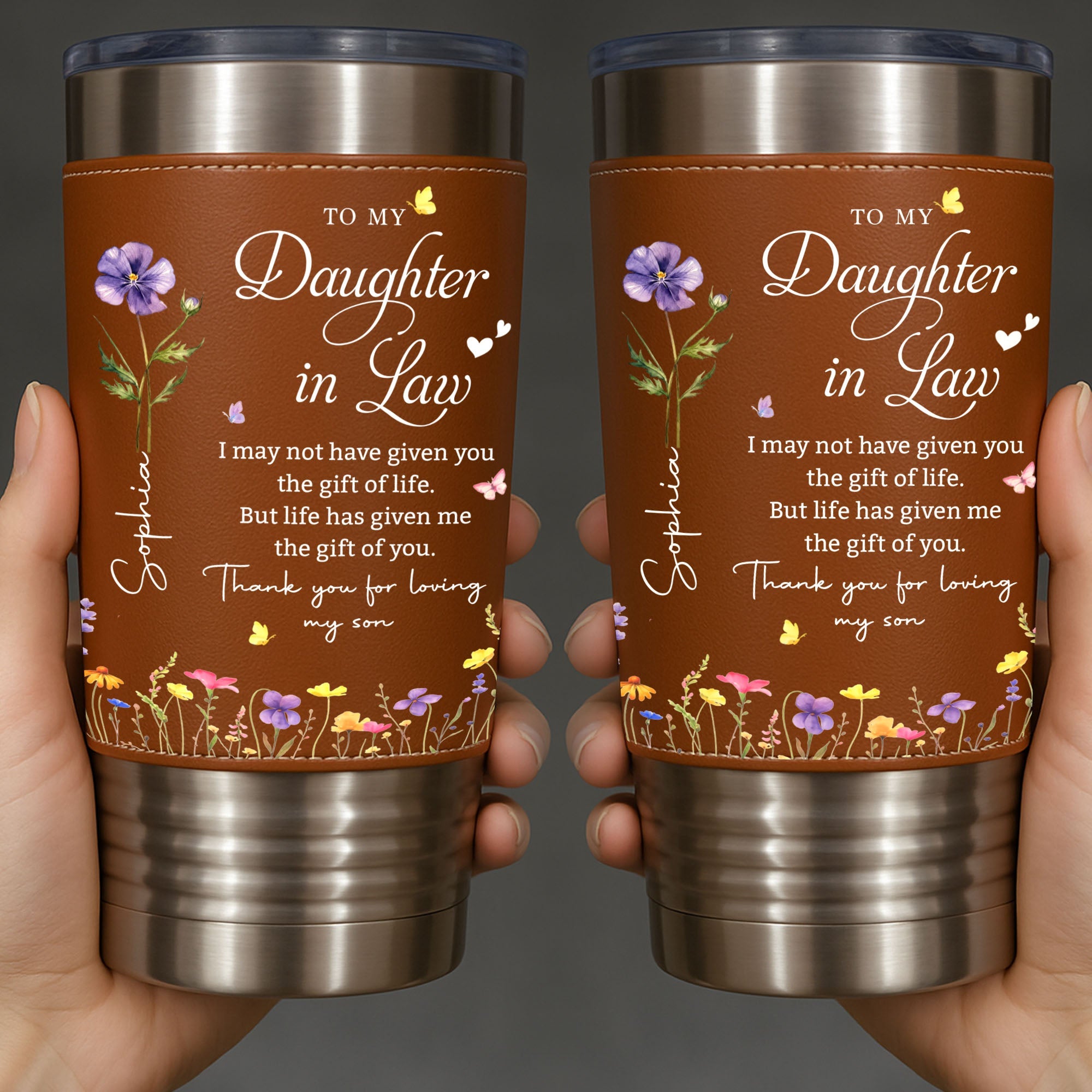 Personalized Leather Tumbler Custom Birth Month Flowers Gift for Daughter-In-Law Leather Tumbler GradoCreations