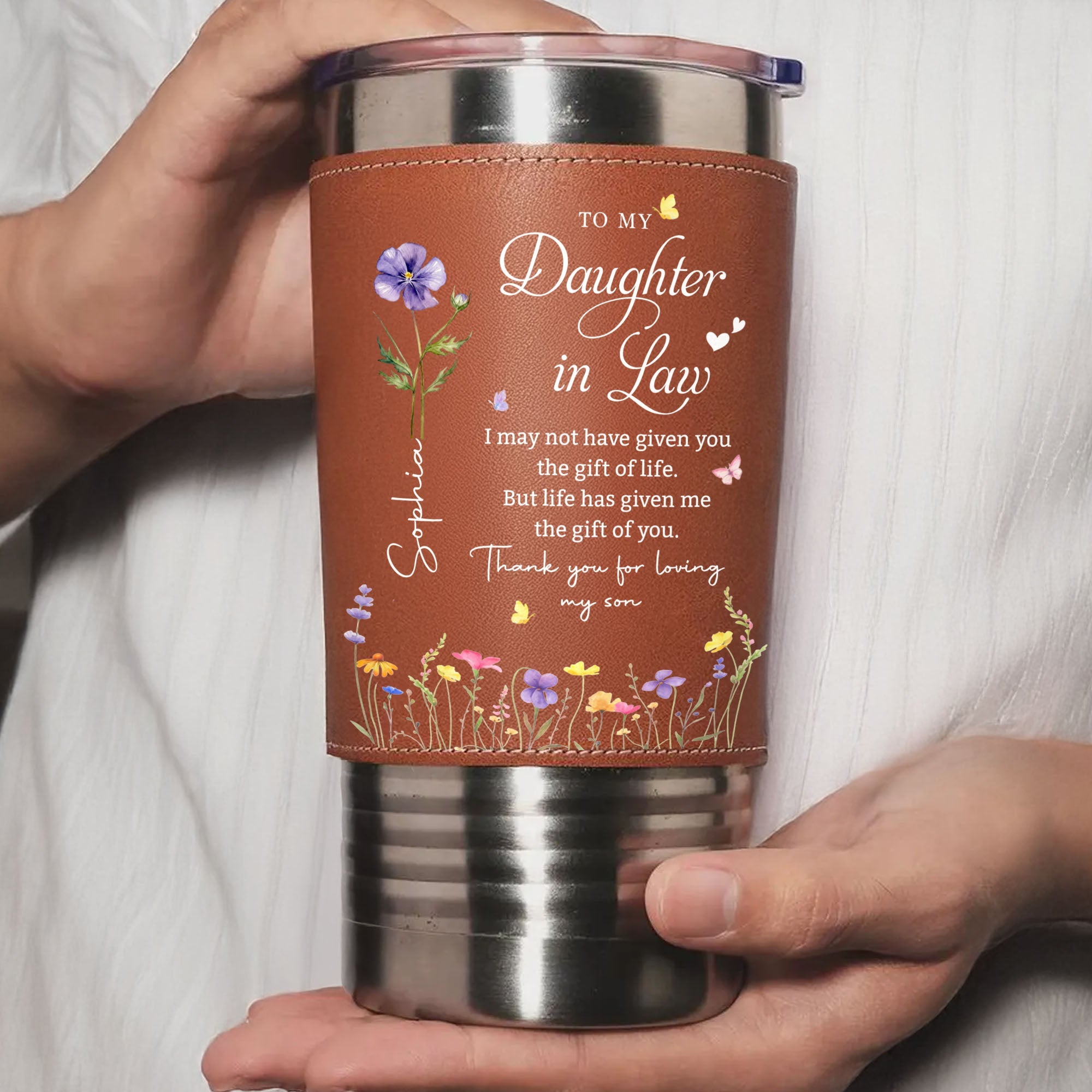 Personalized Leather Tumbler Custom Birth Month Flowers Gift for Daughter-In-Law Leather Tumbler GradoCreations