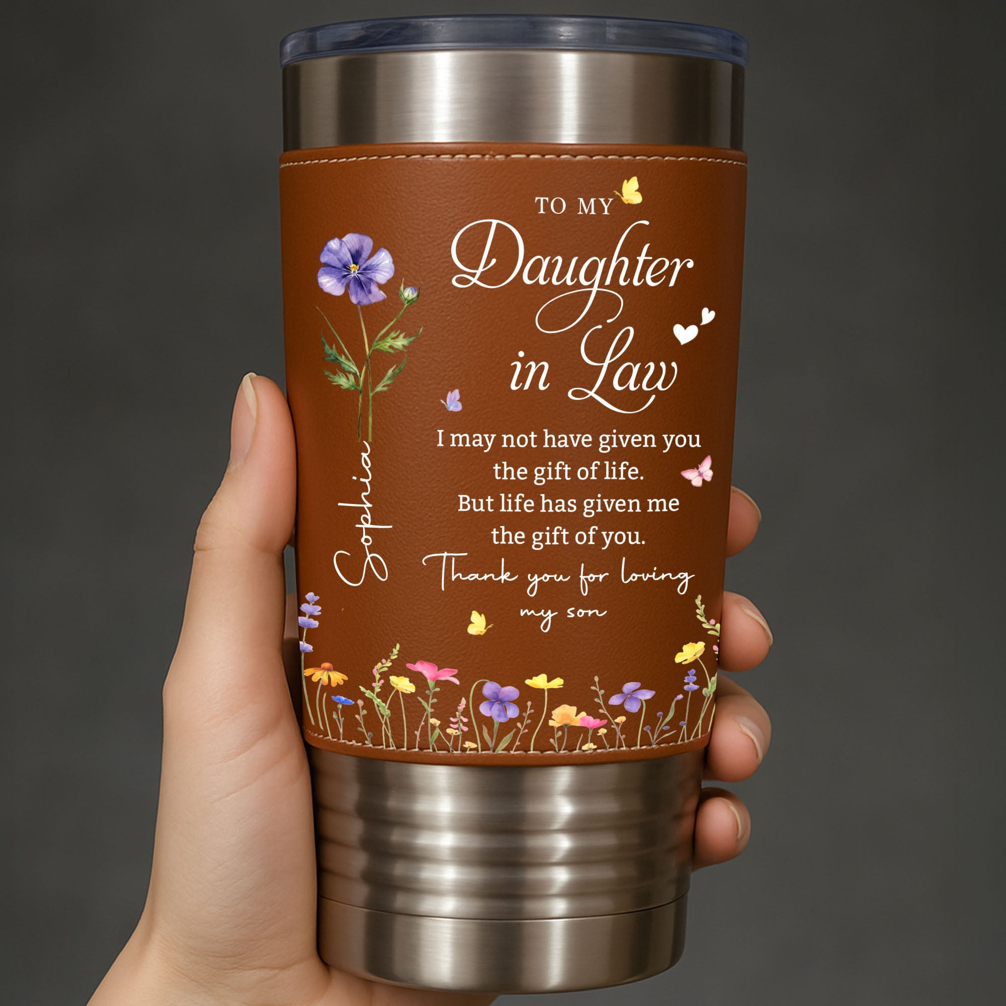 Personalized Leather Tumbler Custom Birth Month Flowers Gift for Daughter-In-Law Leather Tumbler GradoCreations