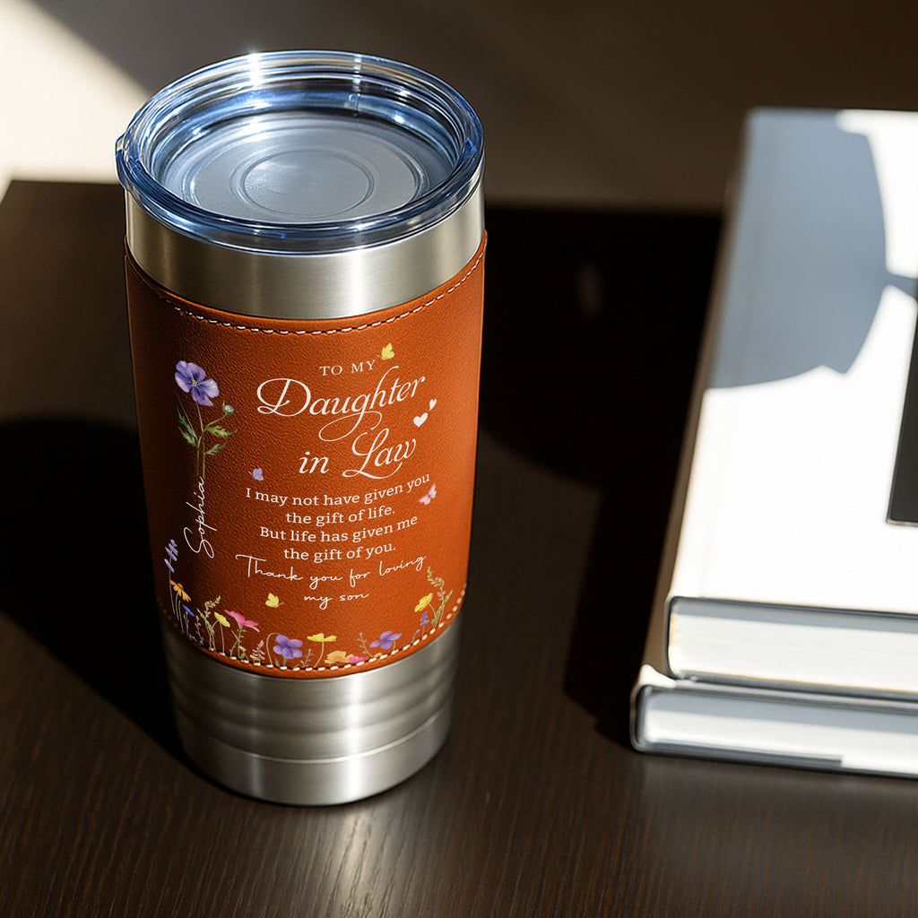 Personalized Leather Tumbler Custom Birth Month Flowers Gift for Daughter-In-Law Leather Tumbler GradoCreations