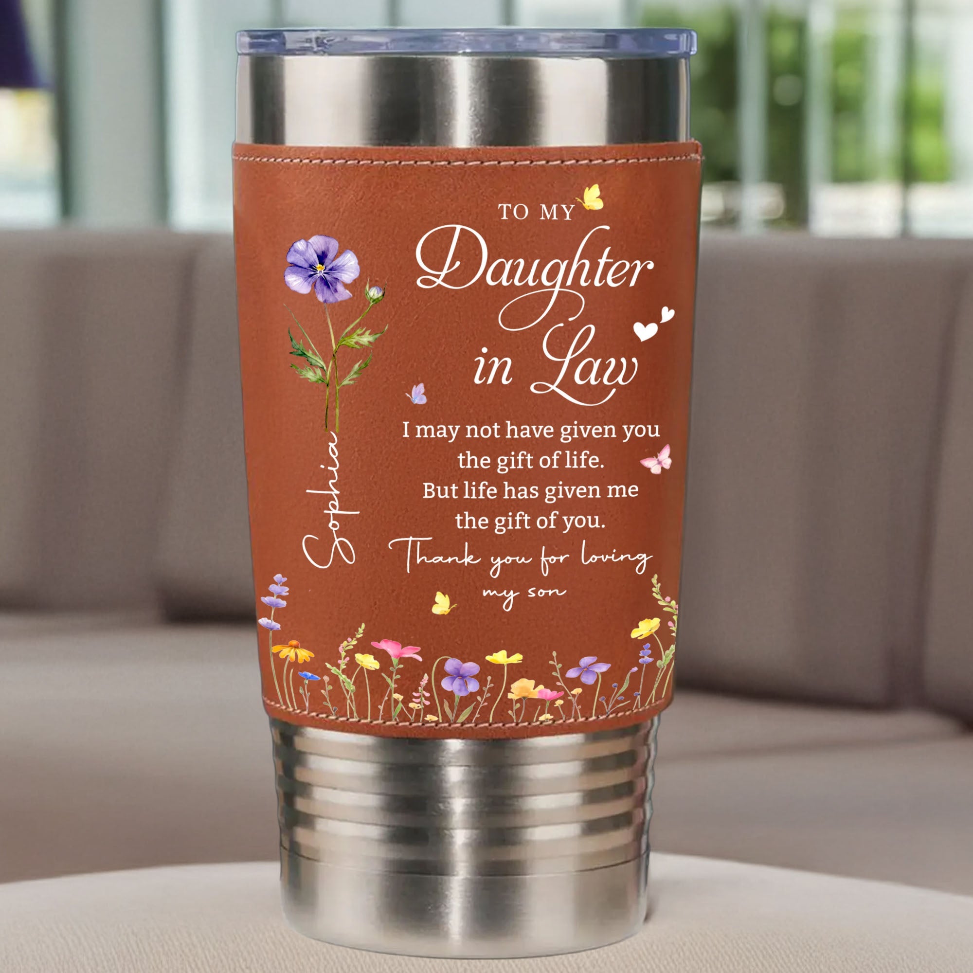 Personalized Leather Tumbler Custom Birth Month Flowers Gift for Daughter-In-Law Leather Tumbler GradoCreations