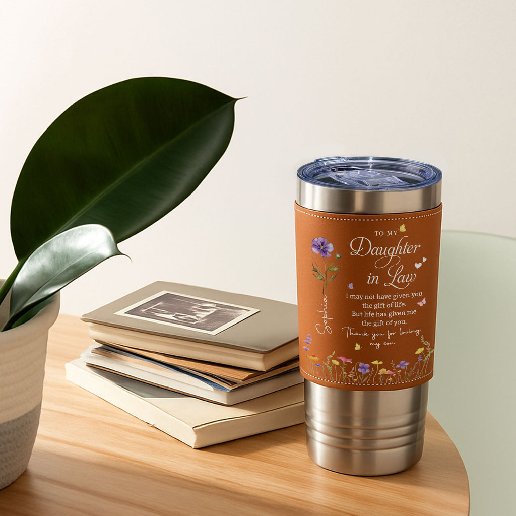 Personalized Leather Tumbler Custom Birth Month Flowers Gift for Daughter-In-Law Leather Tumbler GradoCreations