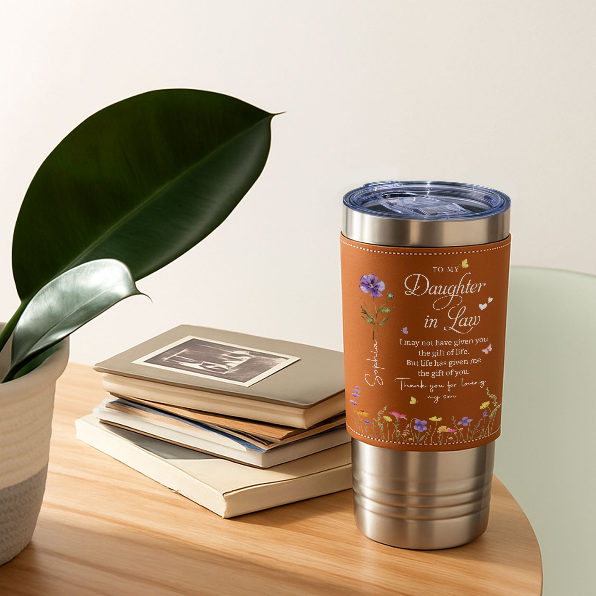 Personalized Leather Tumbler Custom Birth Month Flowers Gift for Daughter-In-Law Leather Tumbler GradoCreations