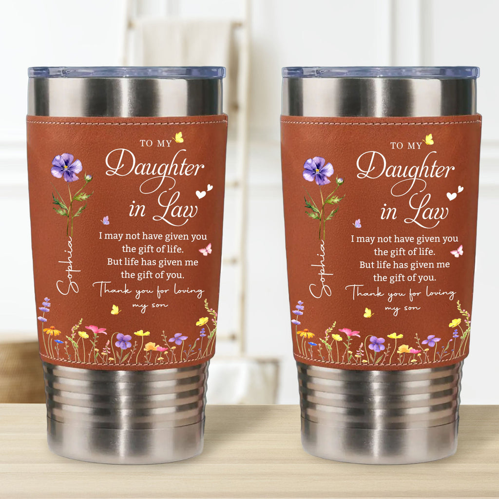 Personalized Leather Tumbler Custom Birth Month Flowers Gift for Daughter-In-Law Leather Tumbler GradoCreations