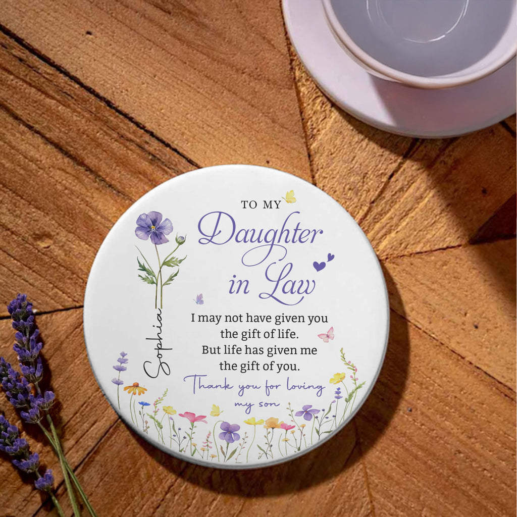 Personalized Birth Month Flower Ceramic Coaster Gift for Daughter-in-Law Ceramic Coaster GradoCreations