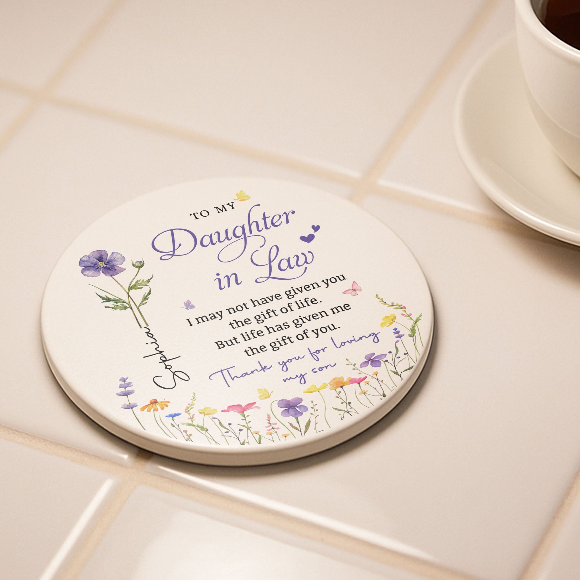 Personalized Birth Month Flower Ceramic Coaster Gift for Daughter-in-Law Ceramic Coaster GradoCreations