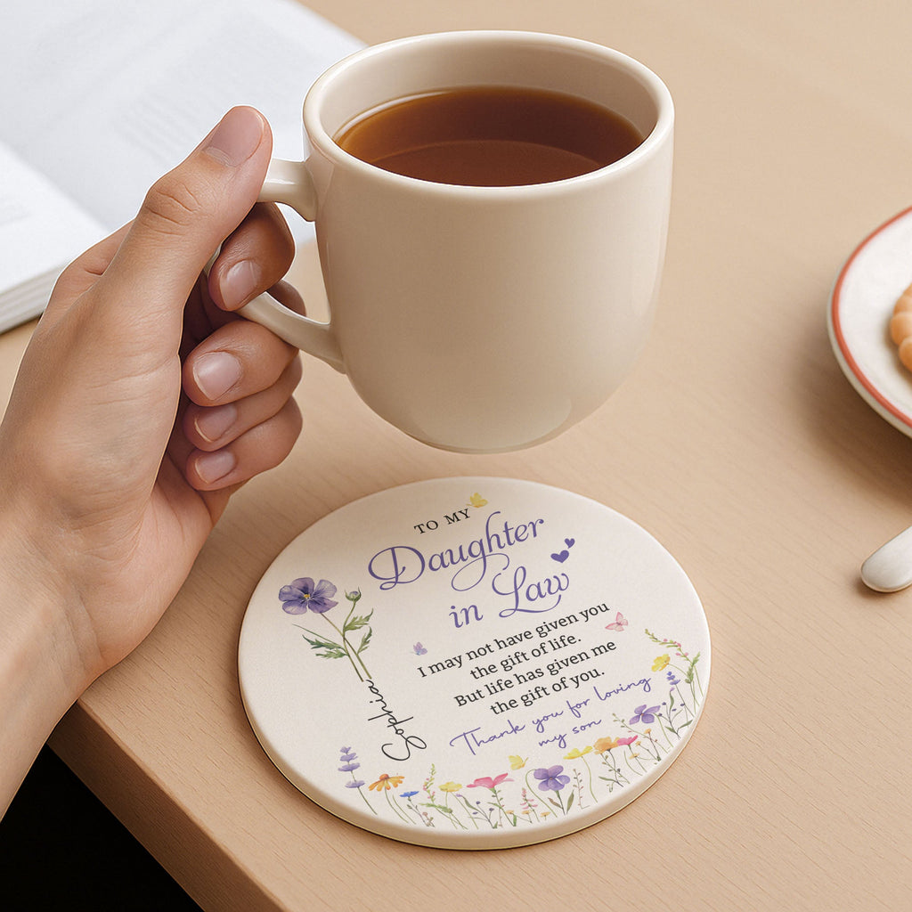 Personalized Birth Month Flower Ceramic Coaster Gift for Daughter-in-Law Ceramic Coaster GradoCreations