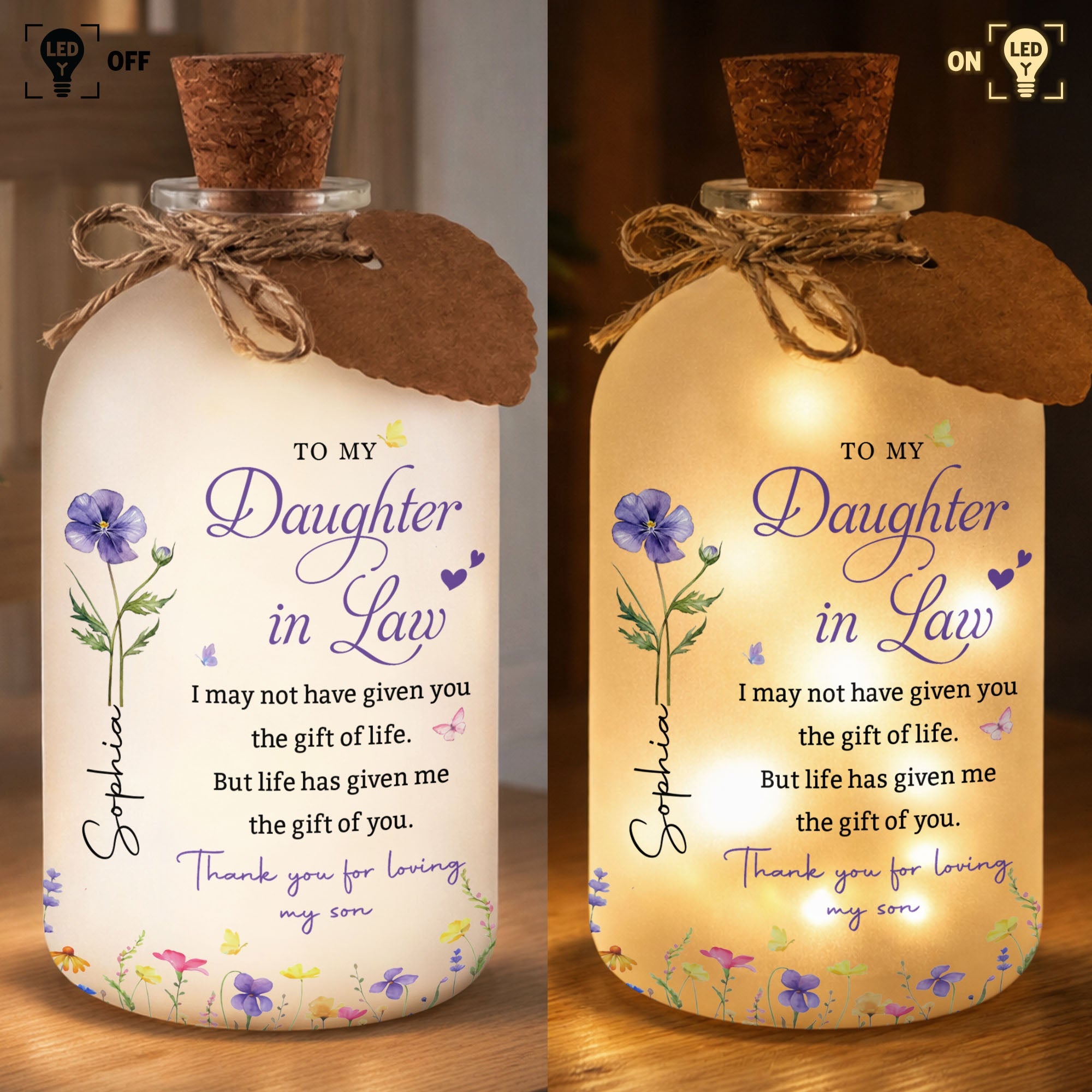 Personalized Short Bottle Light Custom Flowers for Daughter-in-Law Short Bottle Light GradoCreations
