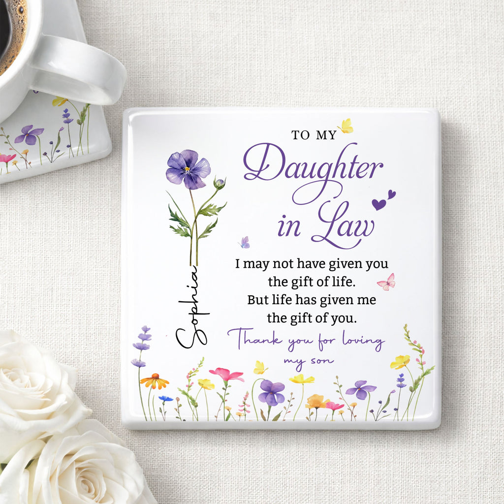Personalized Floral Ceramic Coaster Gift for Daughter-in-Law Square Ceramic Coaster GradoCreations