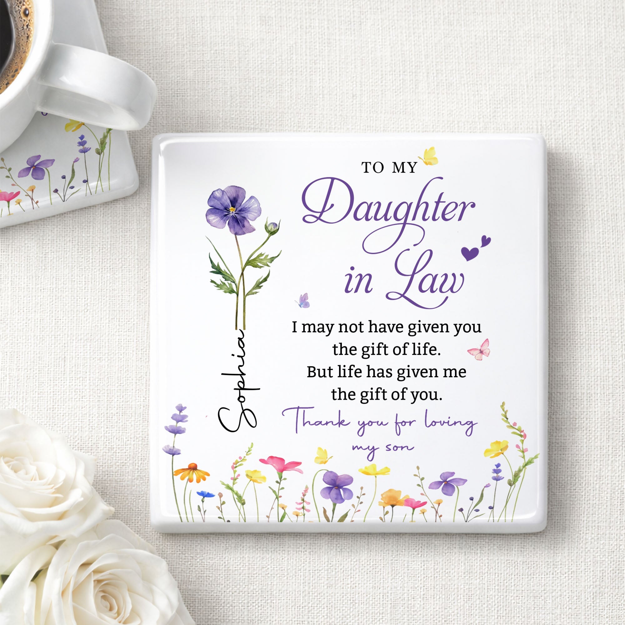 Personalized Floral Ceramic Coaster Gift for Daughter-in-Law Square Ceramic Coaster GradoCreations