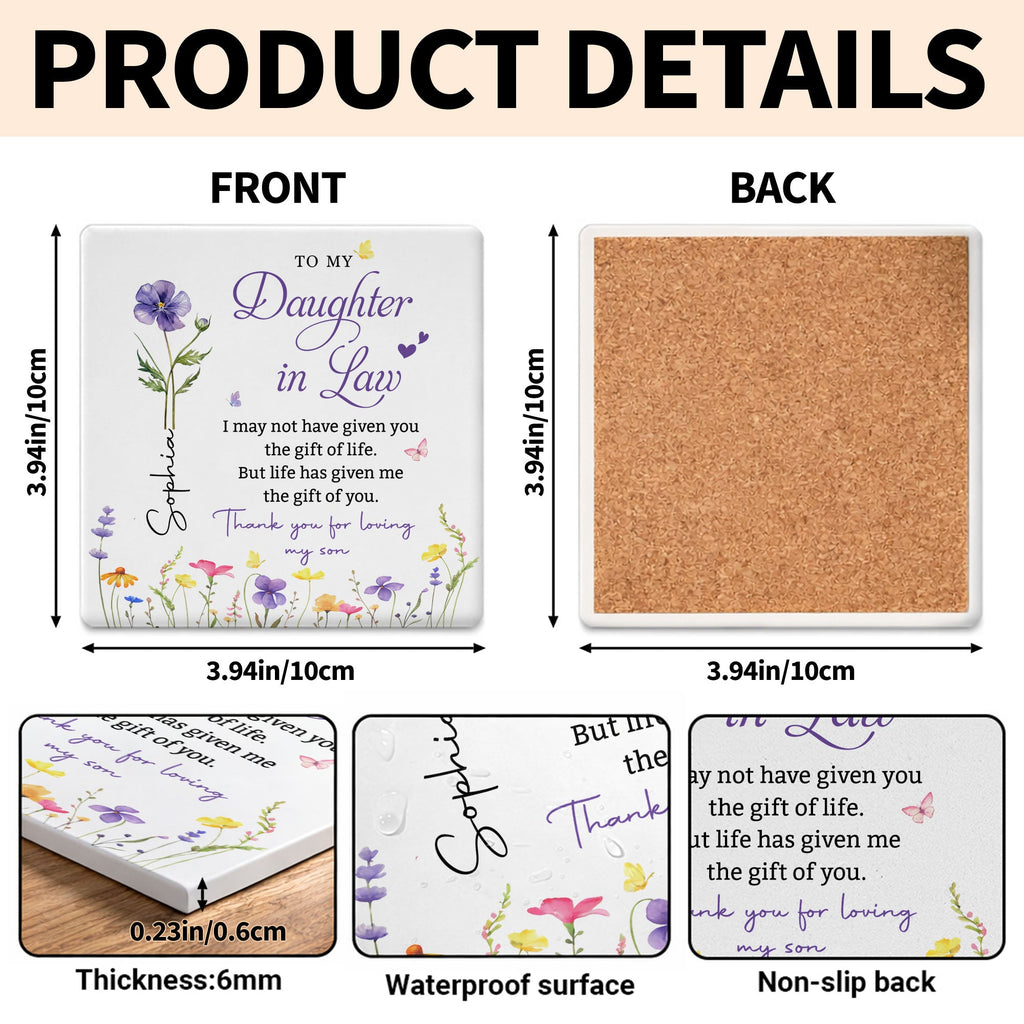 Personalized Floral Ceramic Coaster Gift for Daughter-in-Law Square Ceramic Coaster GradoCreations