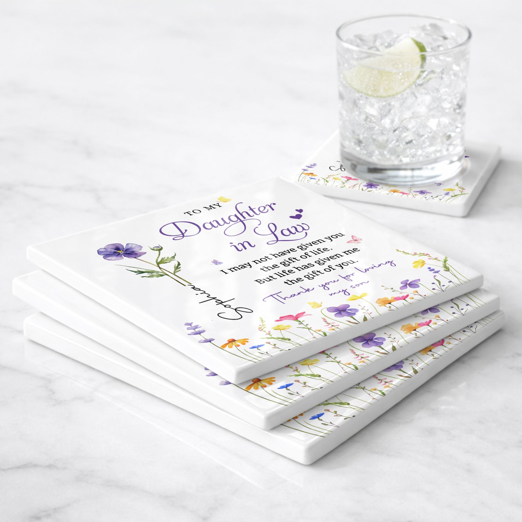 Personalized Floral Ceramic Coaster Gift for Daughter-in-Law Square Ceramic Coaster GradoCreations